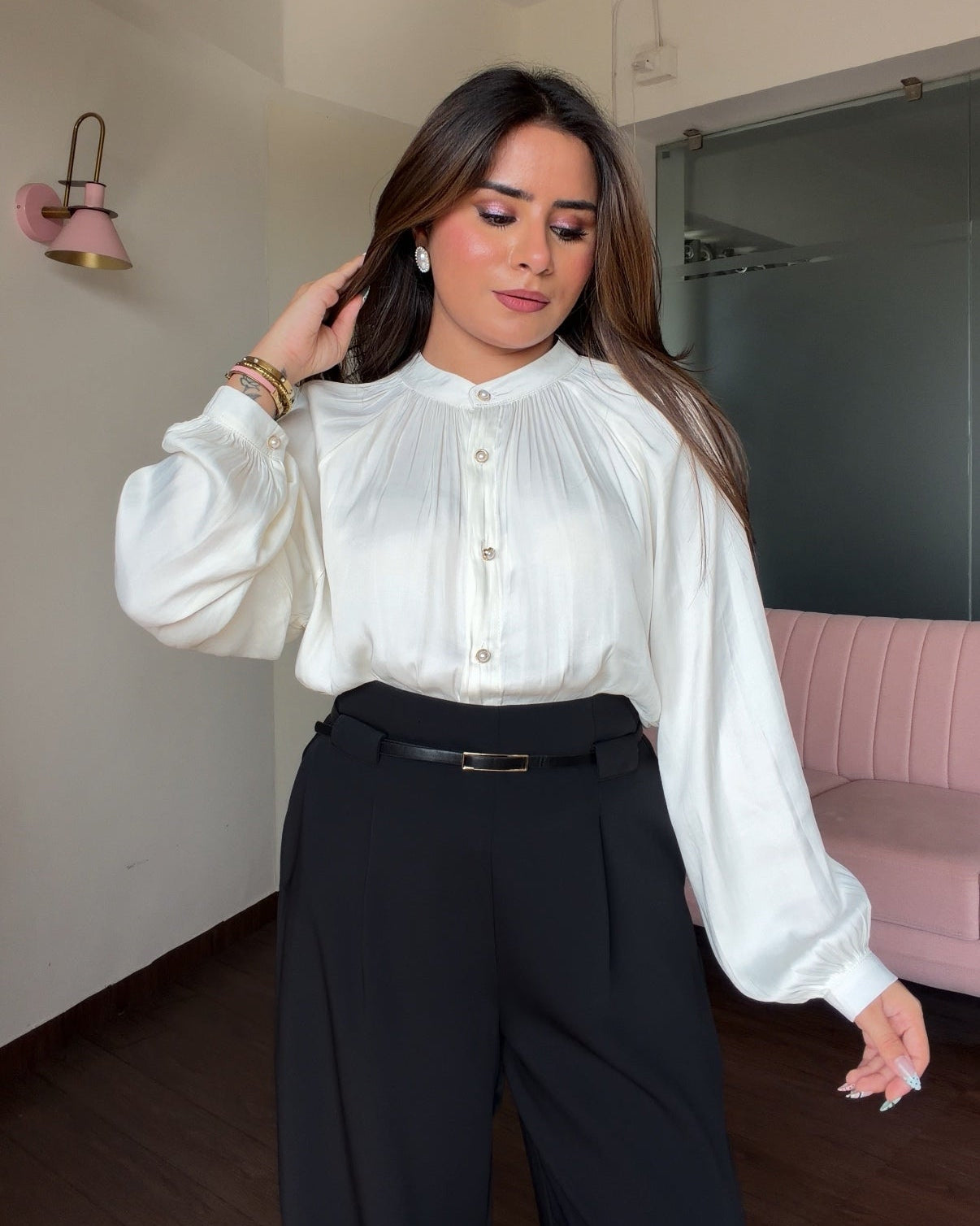 Button Up Draped Detailing Satin Blouse