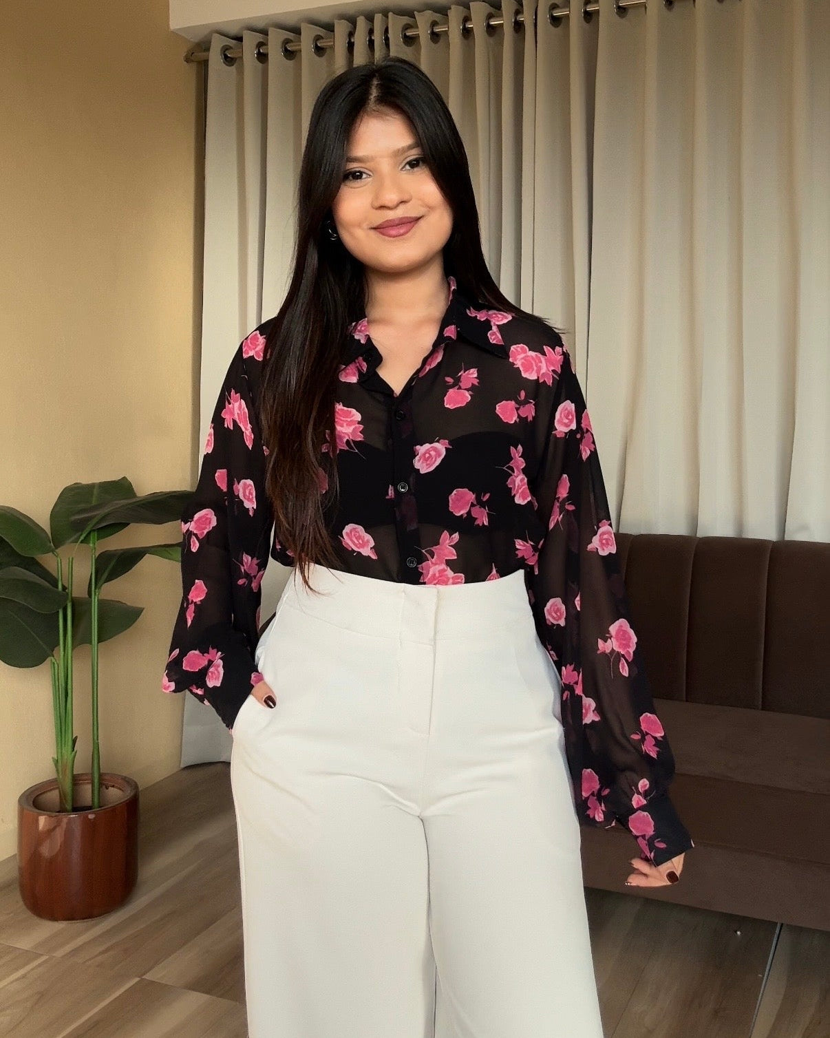 Sheer Rose Detailing Chiffon Shirt
