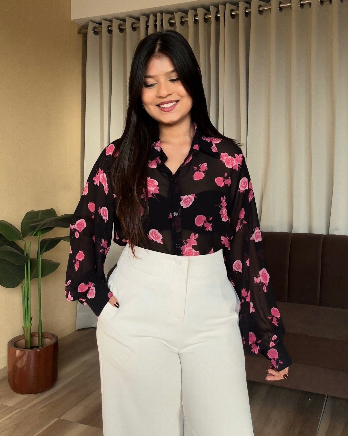 Sheer Rose Detailing Chiffon Shirt