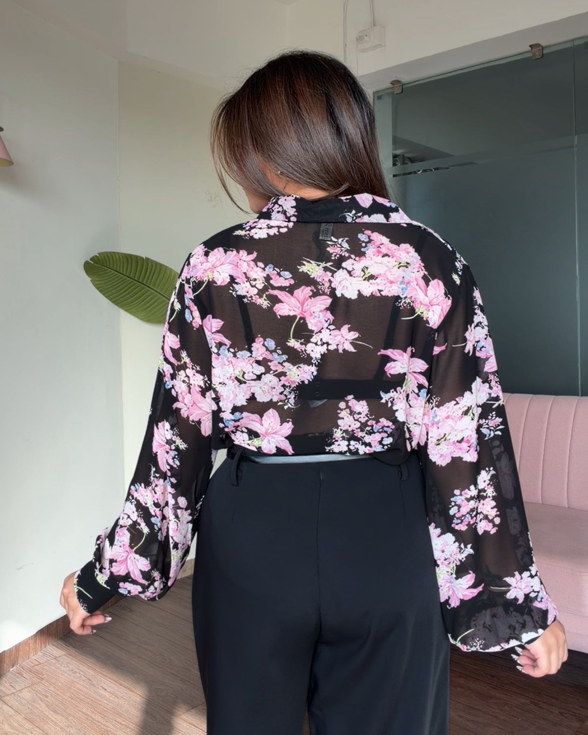 Sheer Floral Detailing Black Chiffon Shirt
