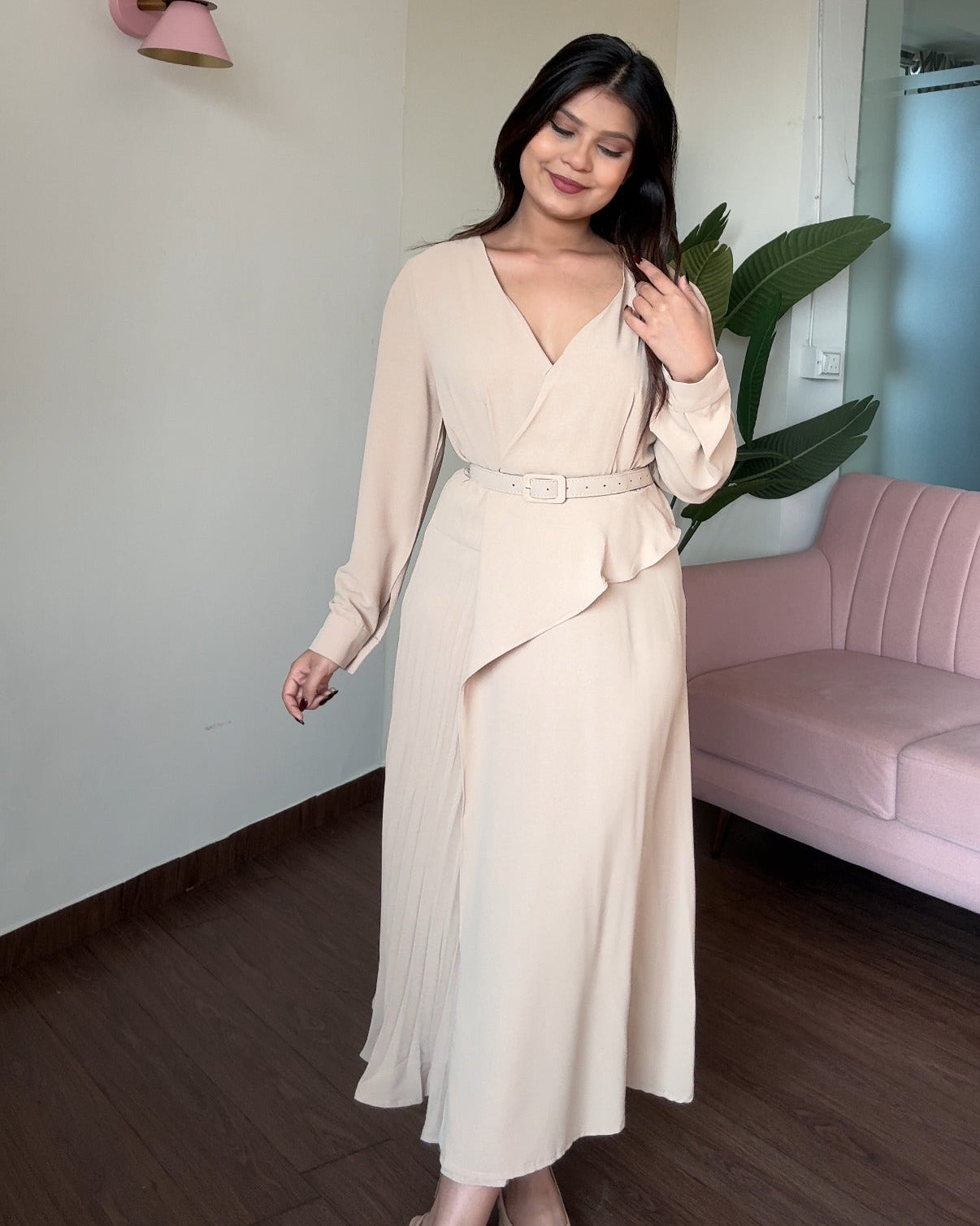 Pleated Formal Dress With Belt