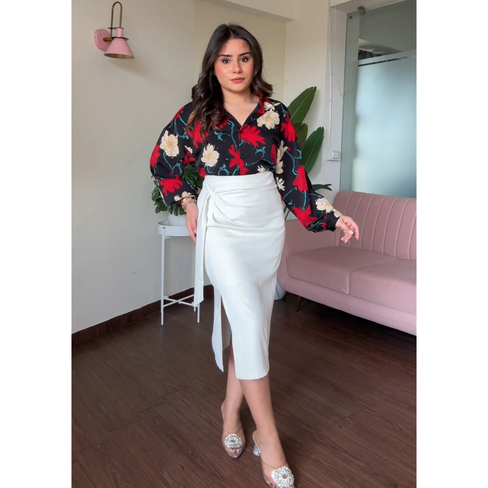 Knot Skirt And Printed Shirt Set