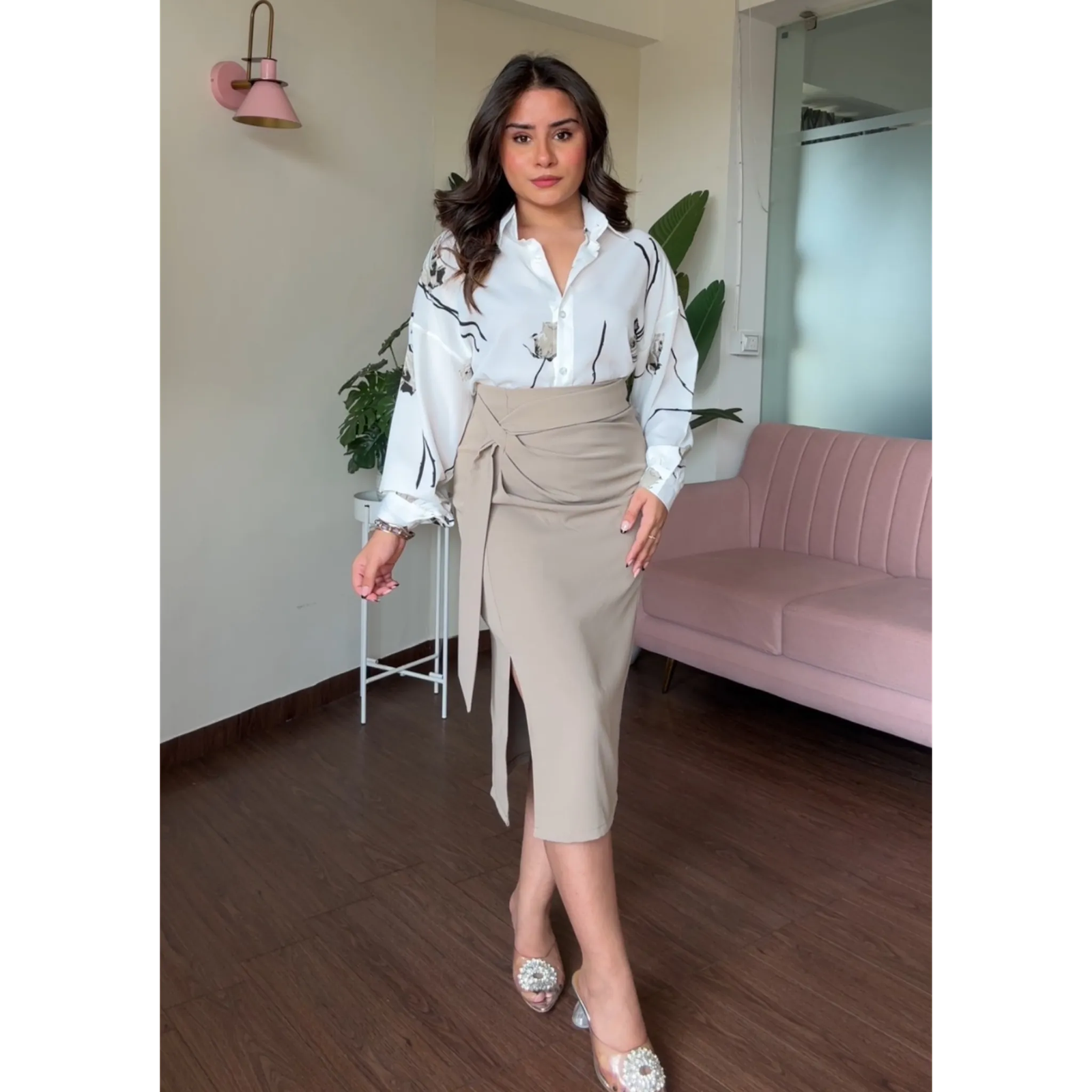 Knot Skirt And Printed Shirt Set