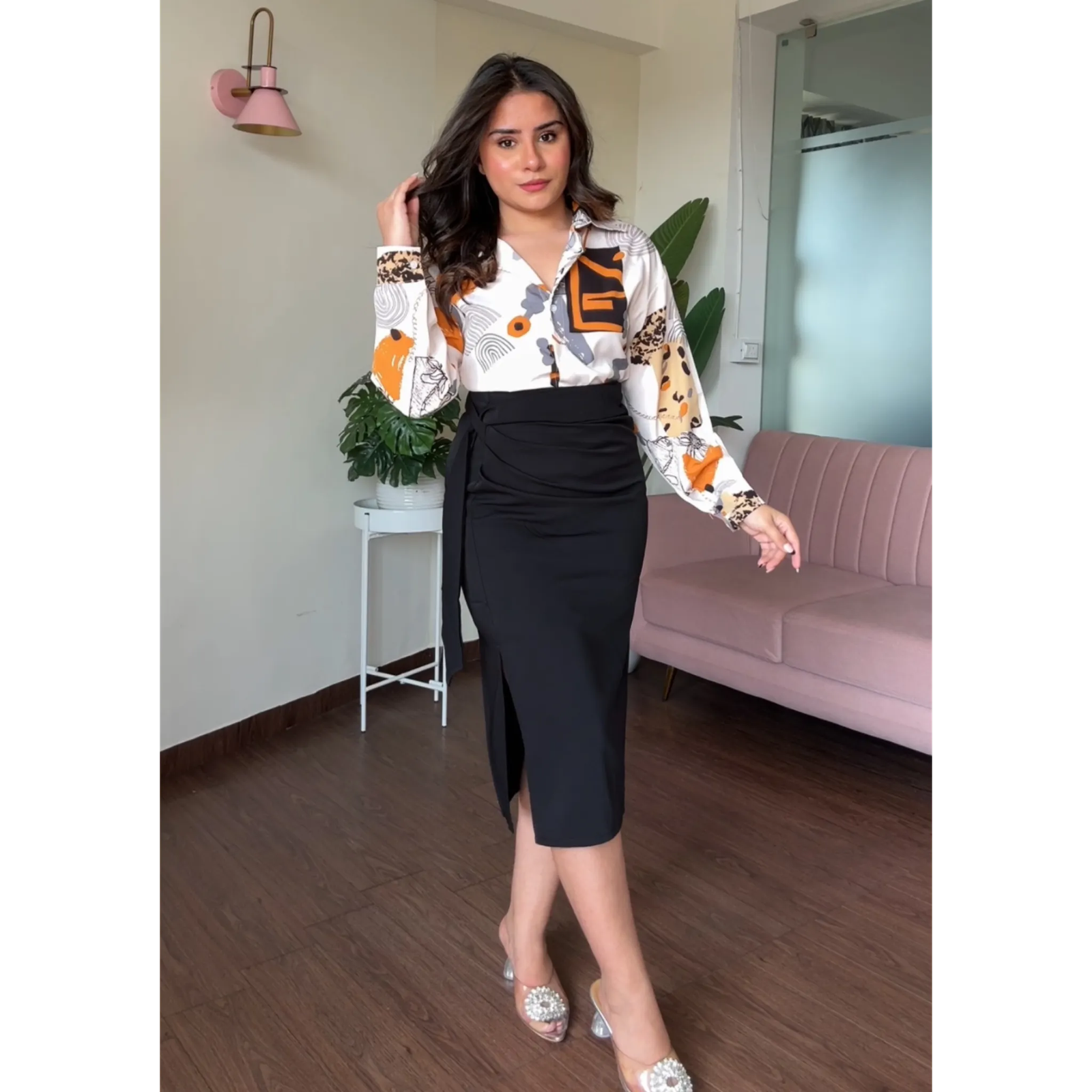 Knot Skirt And Printed Shirt Set