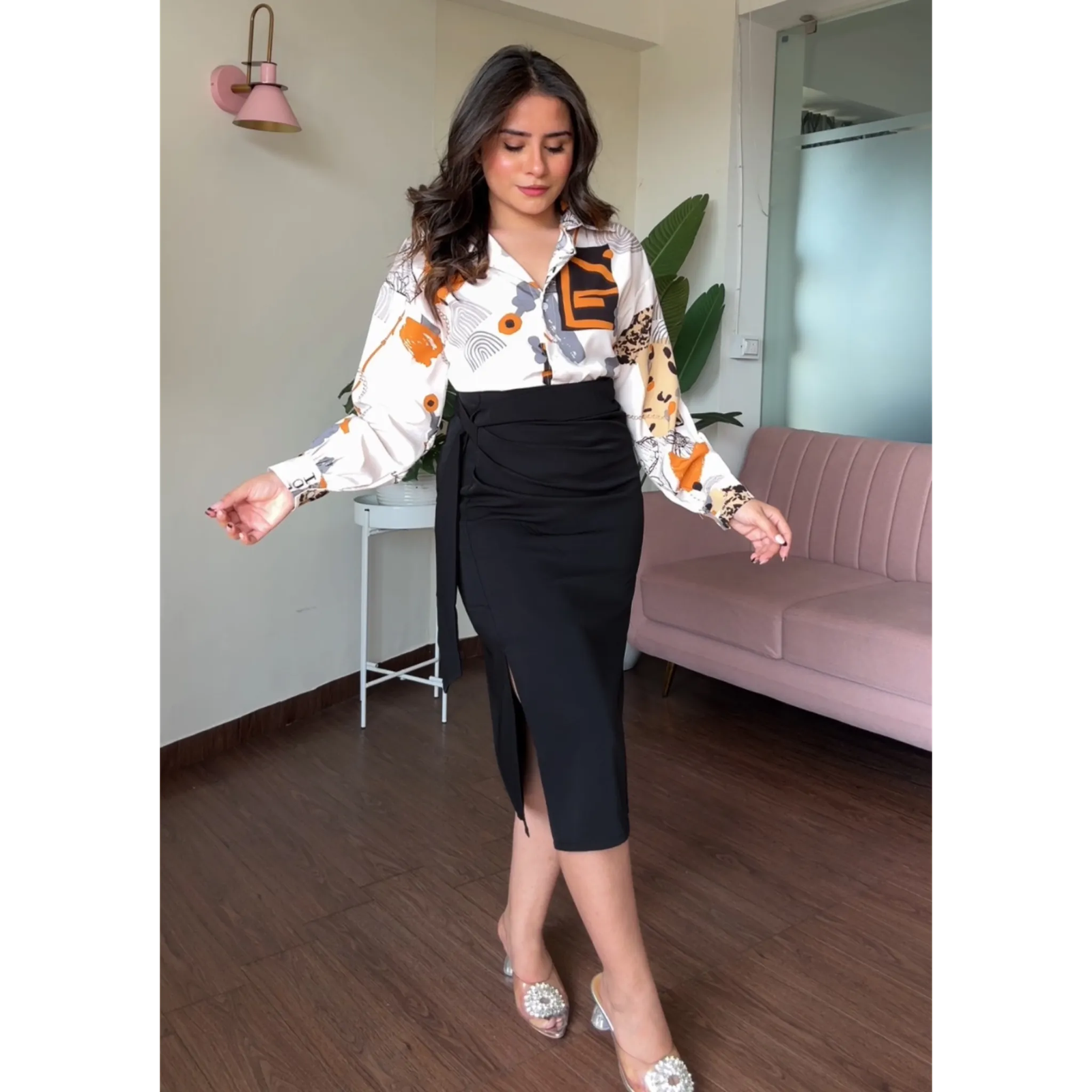 Knot Skirt And Printed Shirt Set