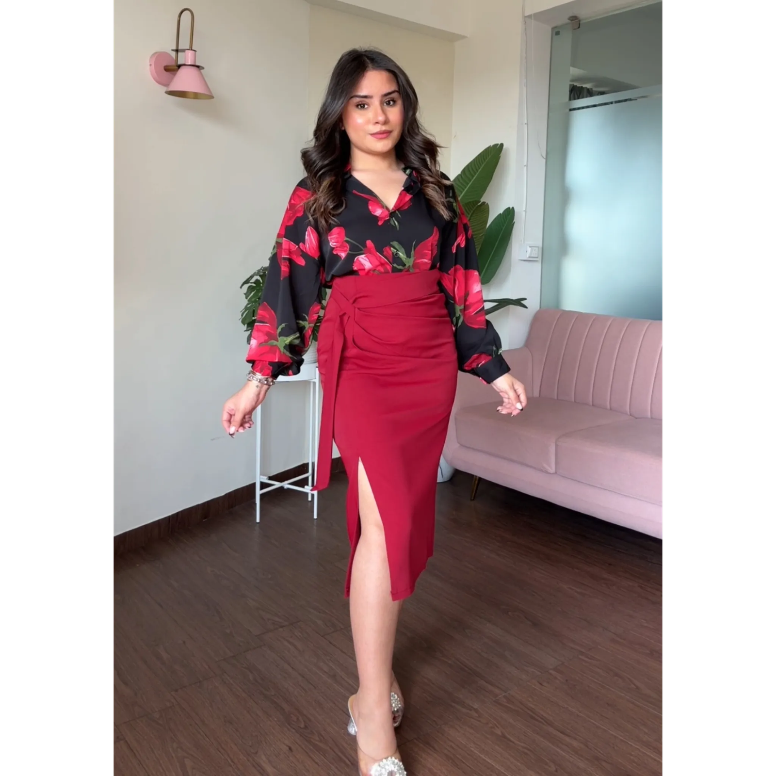 Knot Skirt And Printed Shirt Set