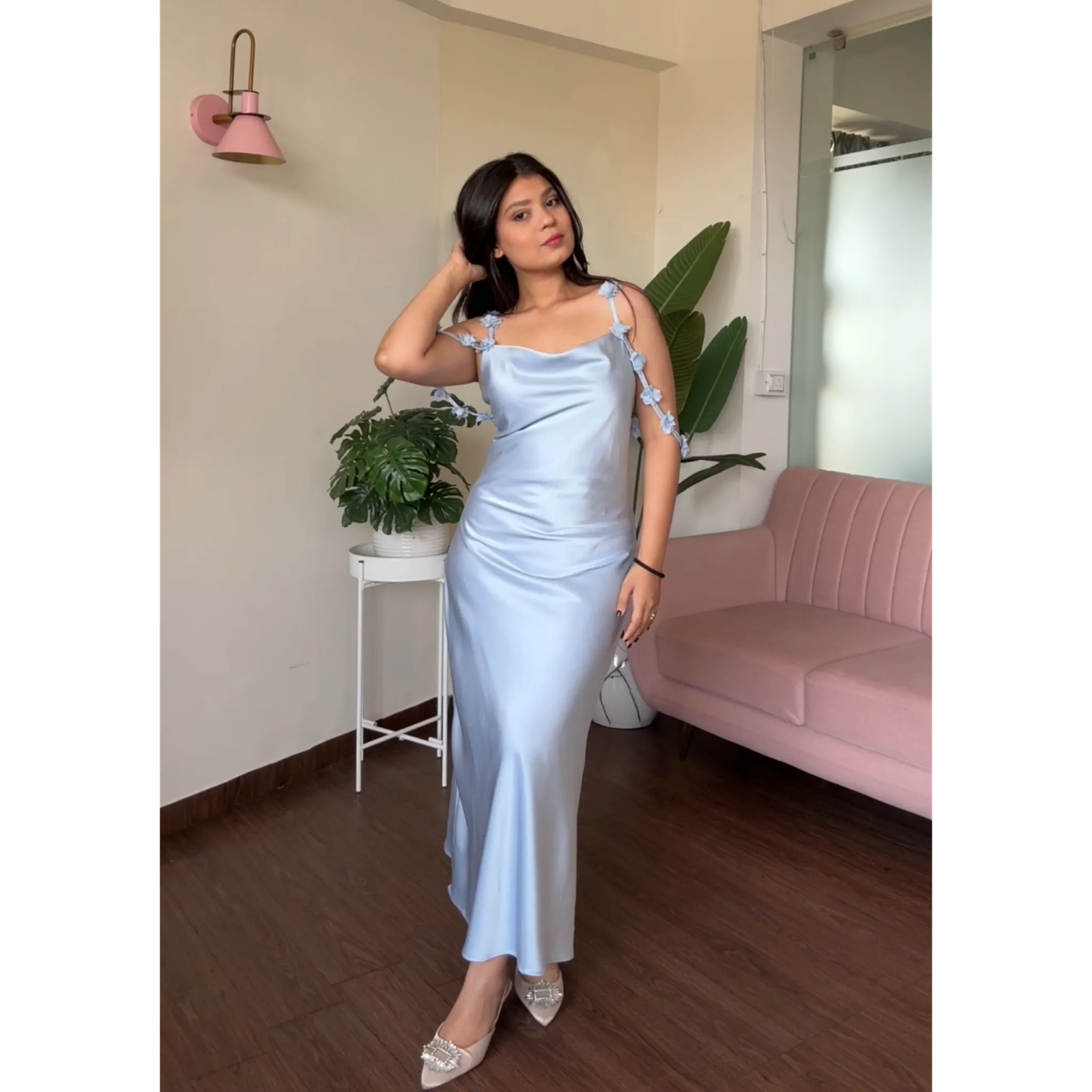 Satin Cowl Neck Flower Strap Dress