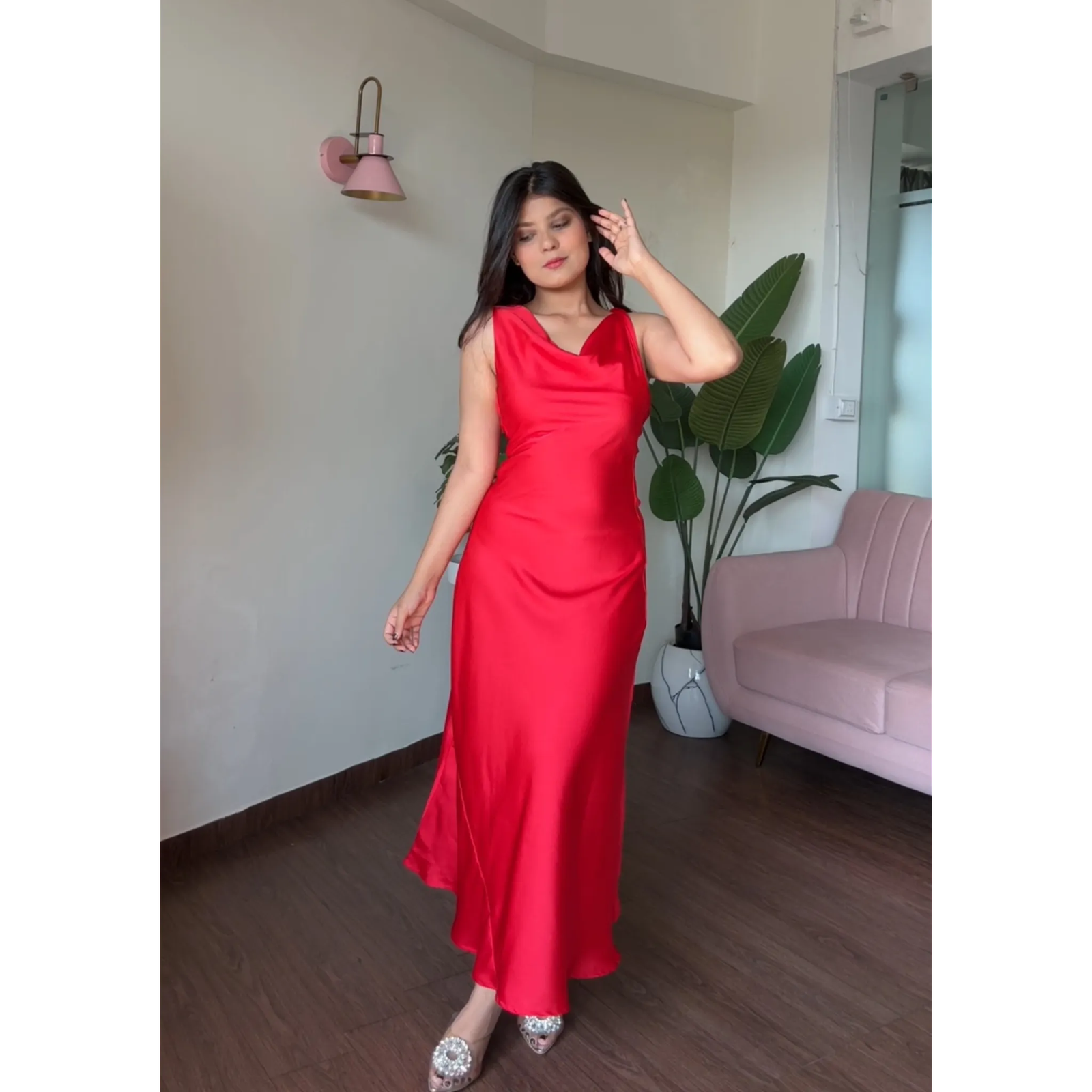 Red Cowl Neck Midi Low Back Dress