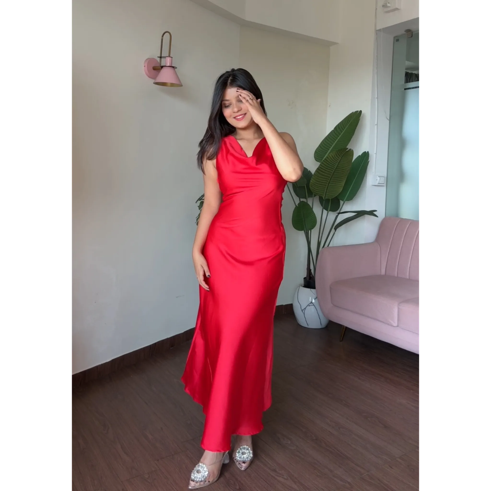 Red Cowl Neck Midi Low Back Dress