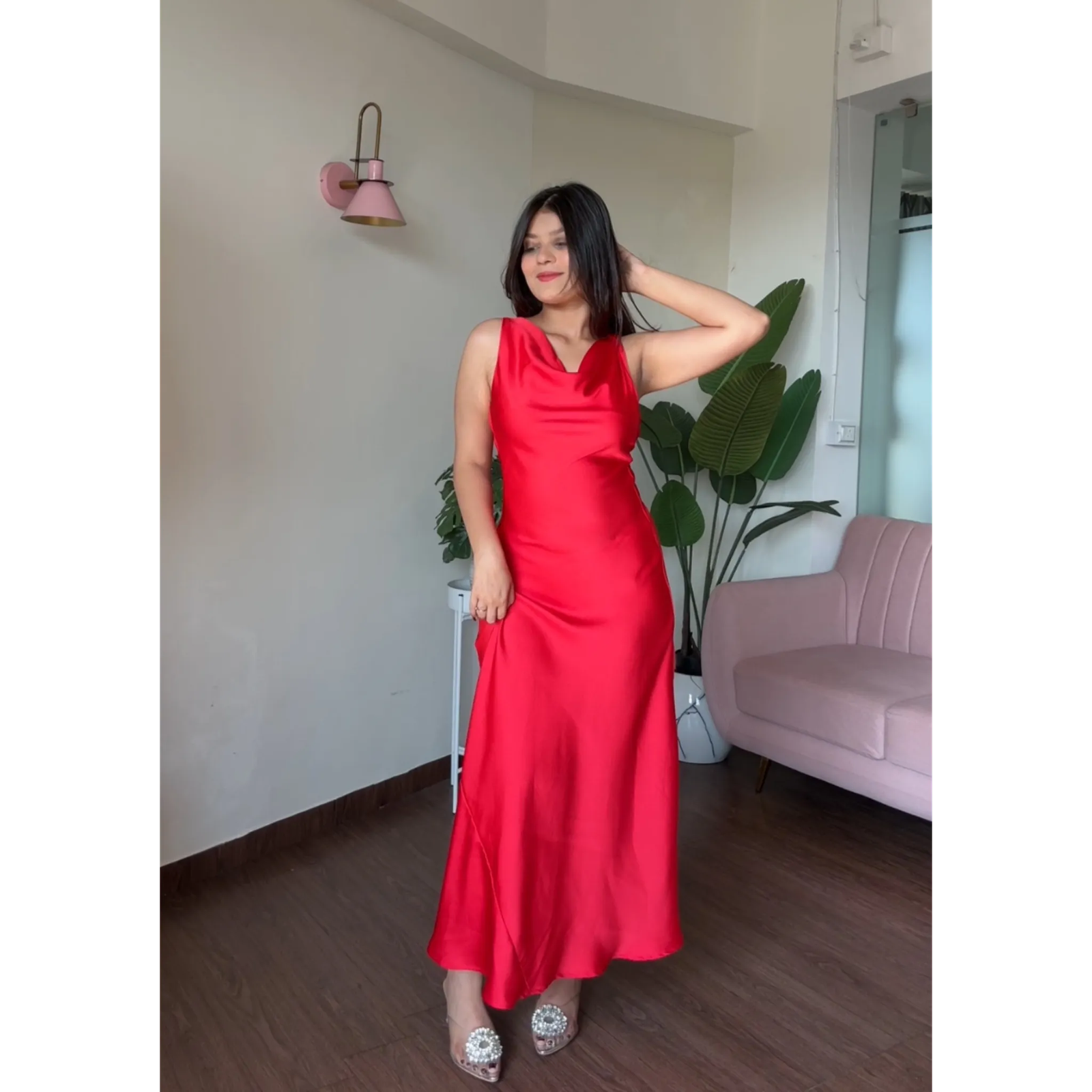 Red Cowl Neck Midi Low Back Dress