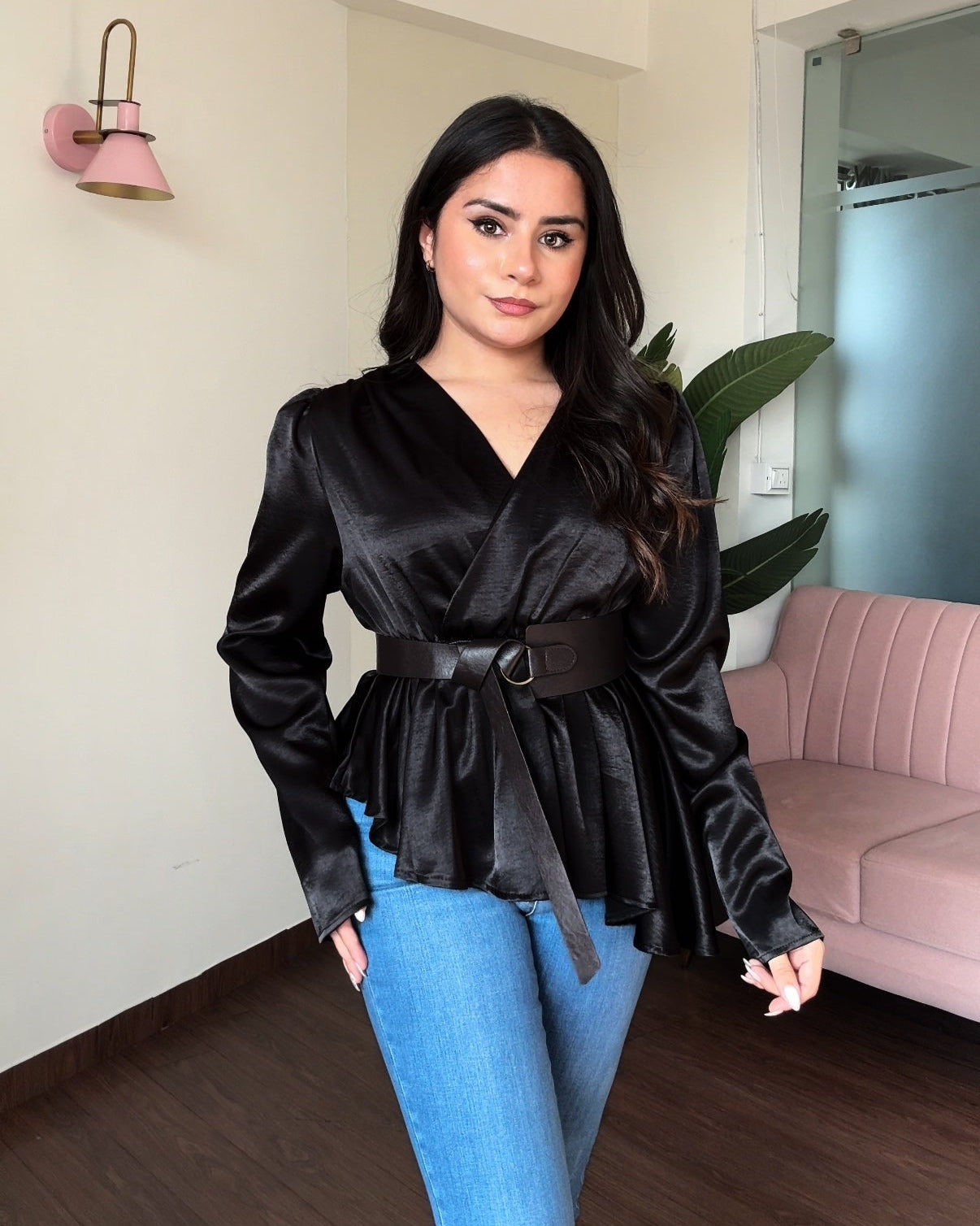 Satin Peplum Top With Belt