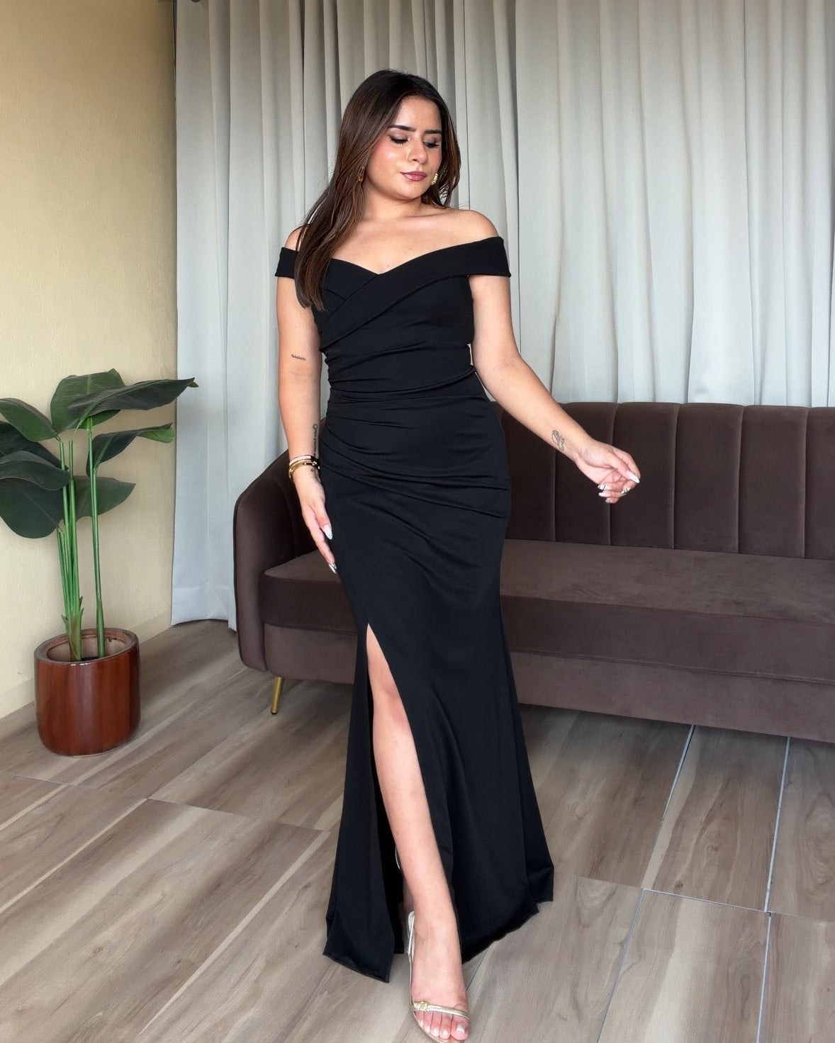 Off Shoulder Ruched Midi Dress With Slit