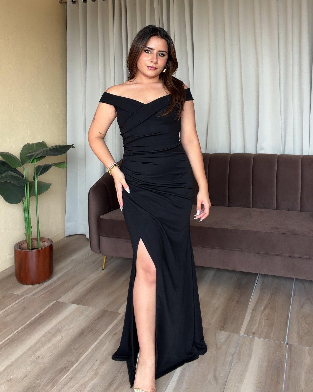 Off Shoulder Ruched Midi Dress With Slit