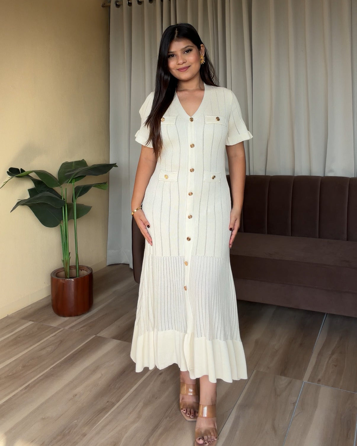 Golden Button Texture Midi Fit And Flared Dress