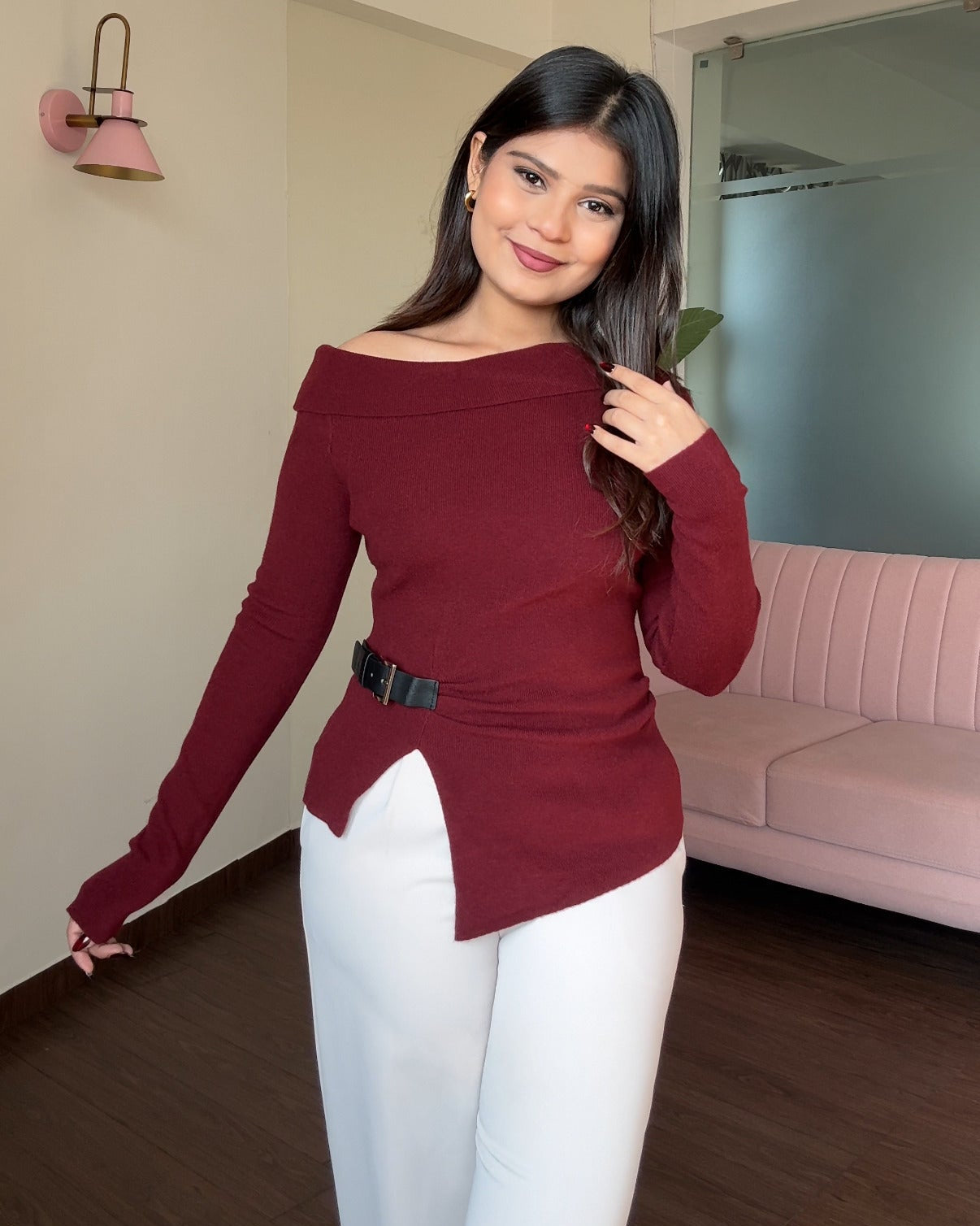 Belted Off Shoulder Knitted Top
