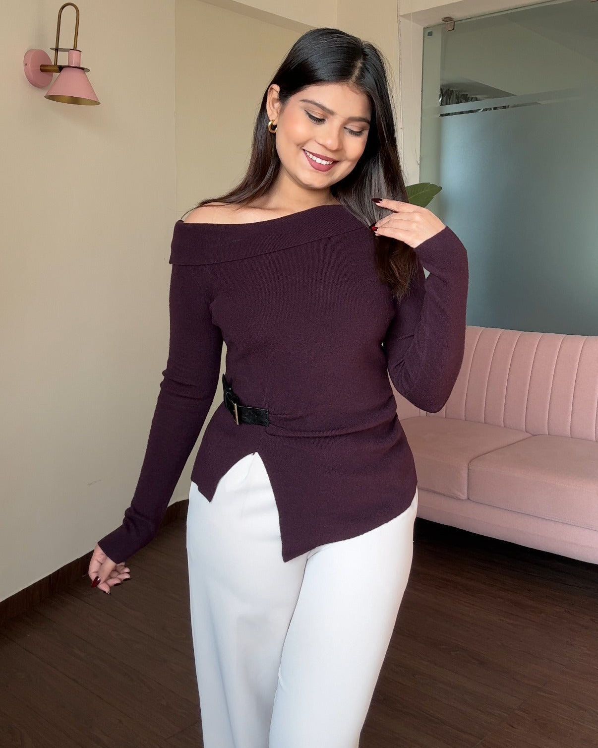 Belted Off Shoulder Knitted Top
