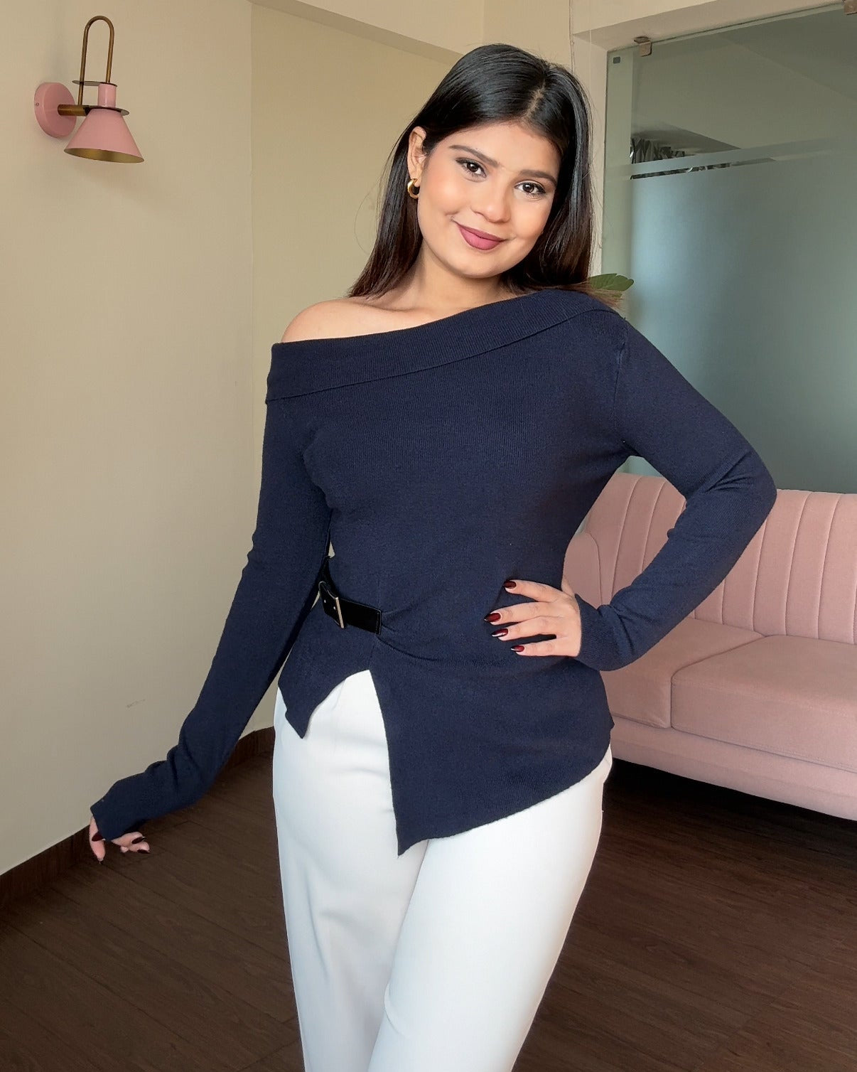 Belted Off Shoulder Knitted Top