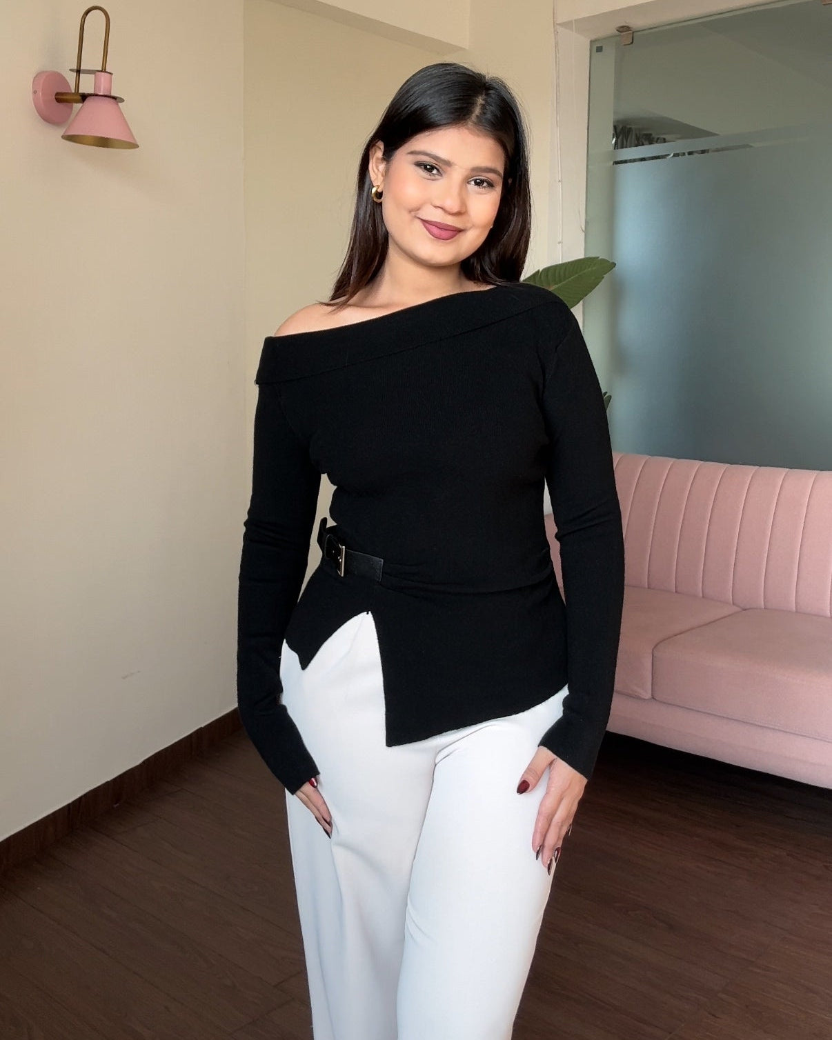 Belted Off Shoulder Knitted Top