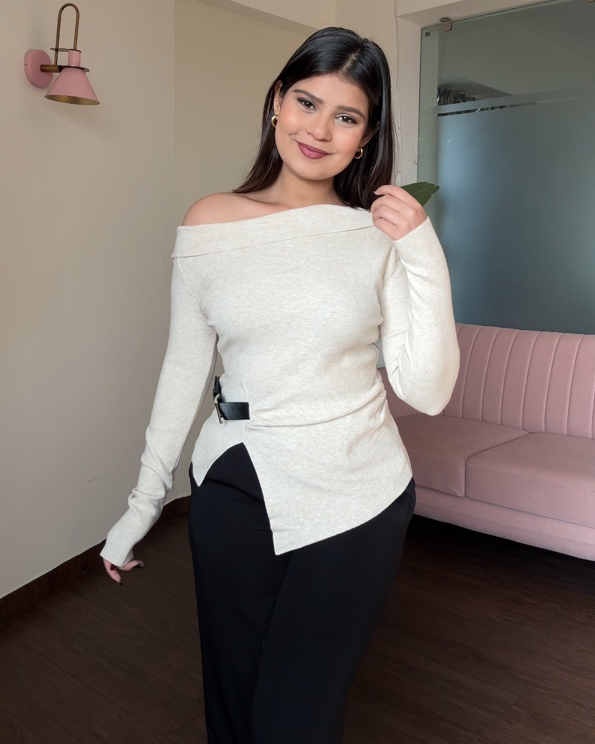 Belted Off Shoulder Knitted Top