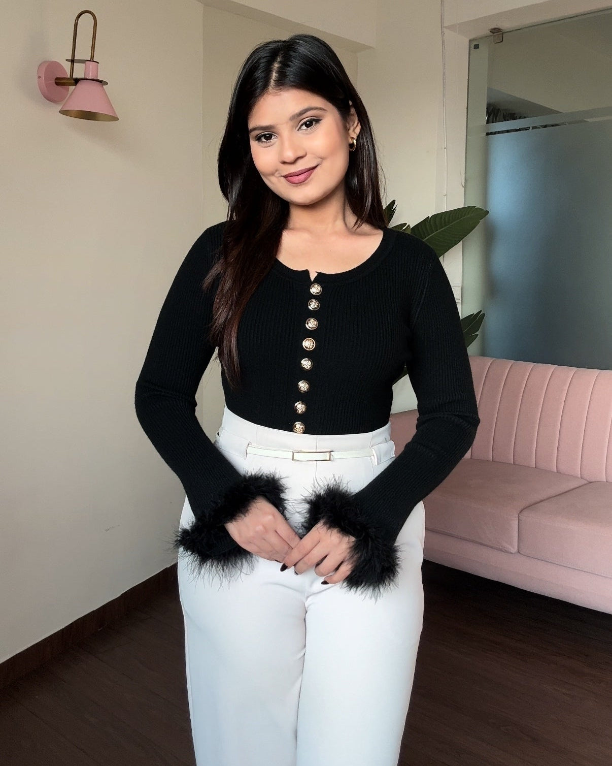 Golden Button Detailing Fur Full Sleeve Top