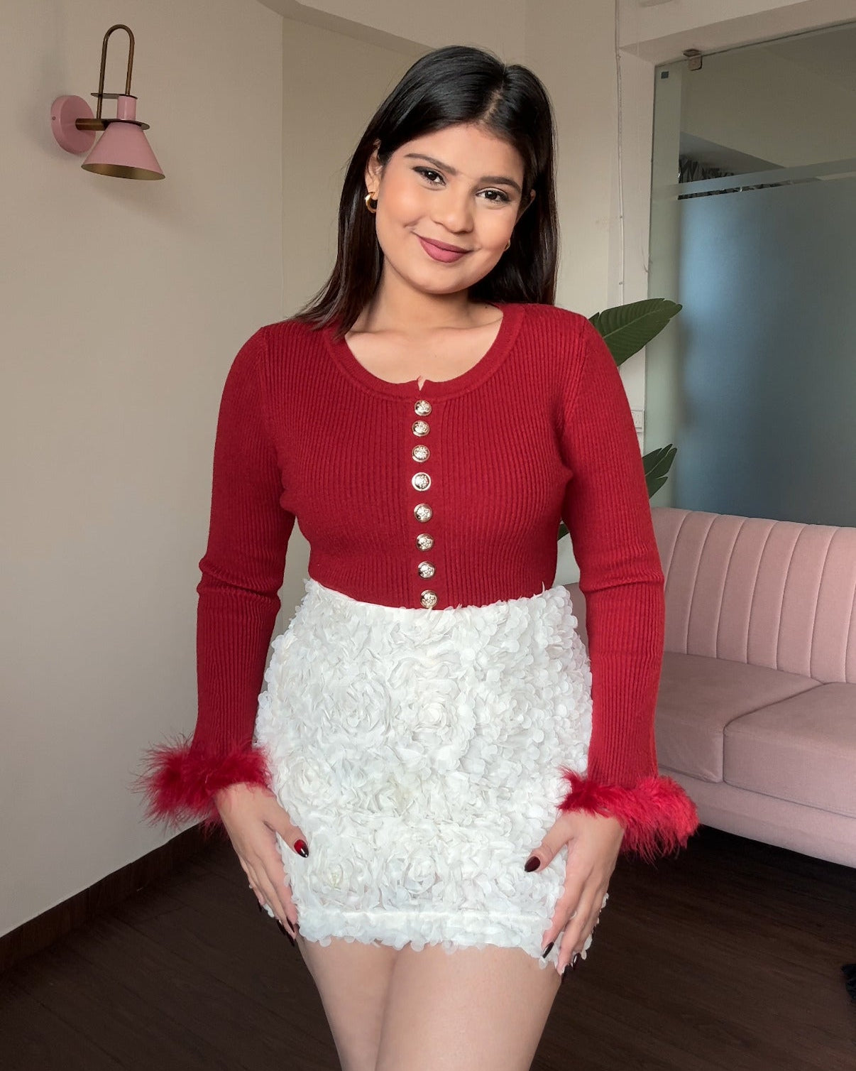 Golden Button Detailing Fur Full Sleeve Top