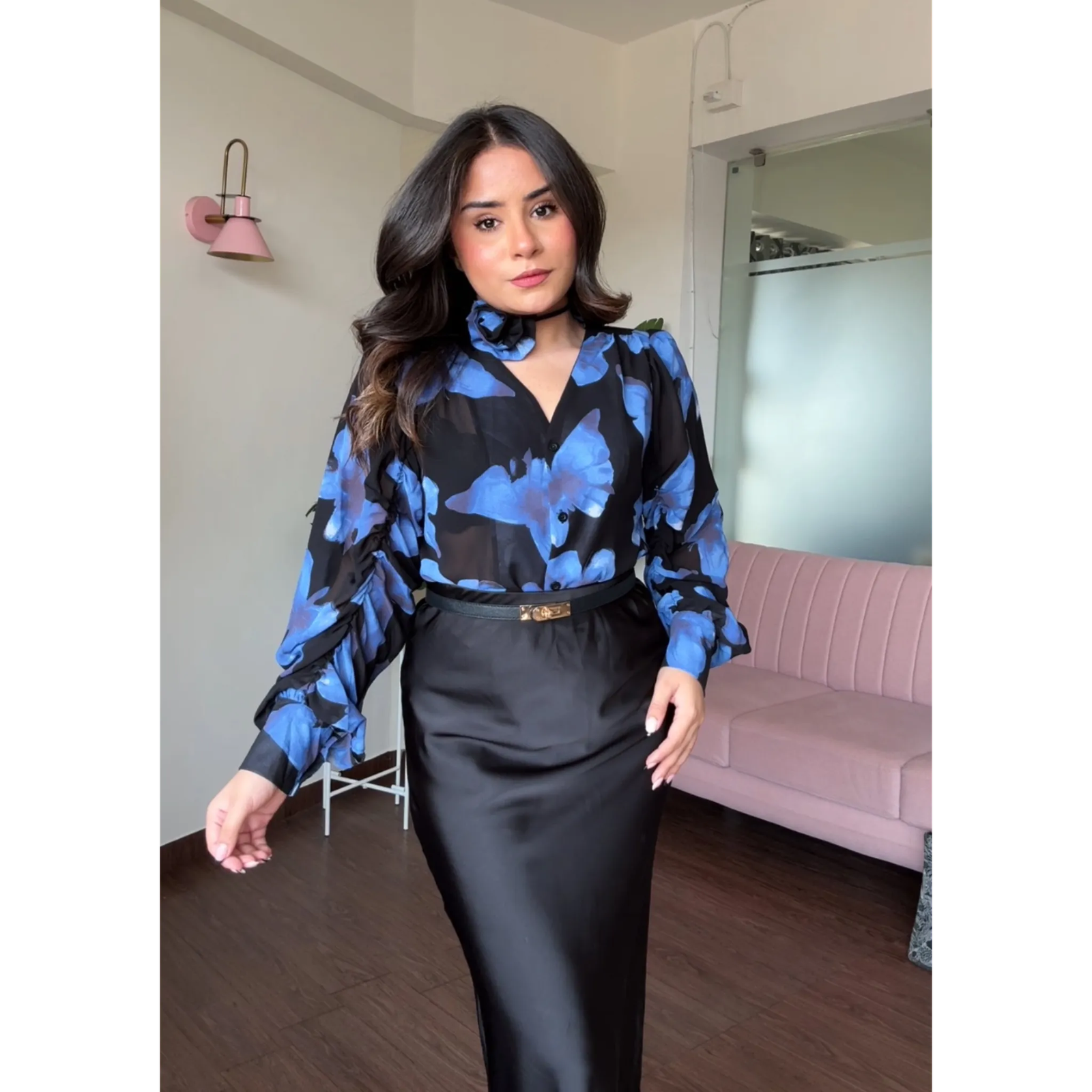 V Neck Floral Button Up Chiffon Shirt With Chocker