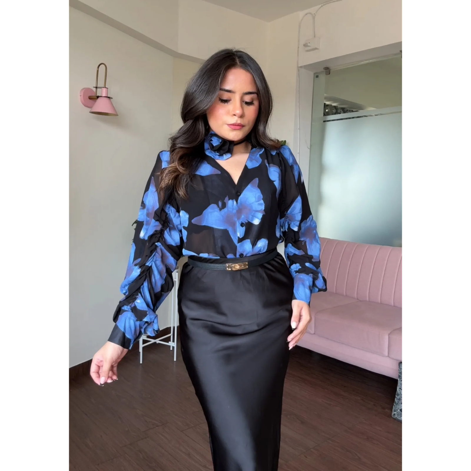 V Neck Floral Button Up Chiffon Shirt With Chocker