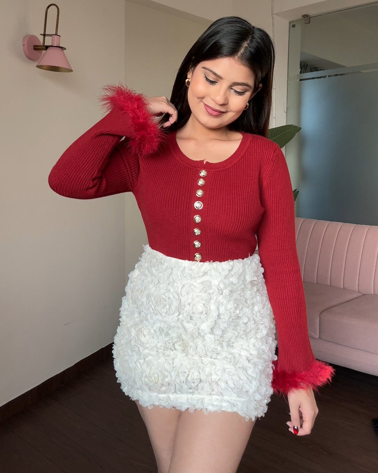 Golden Button Detailing Fur Full Sleeve Top