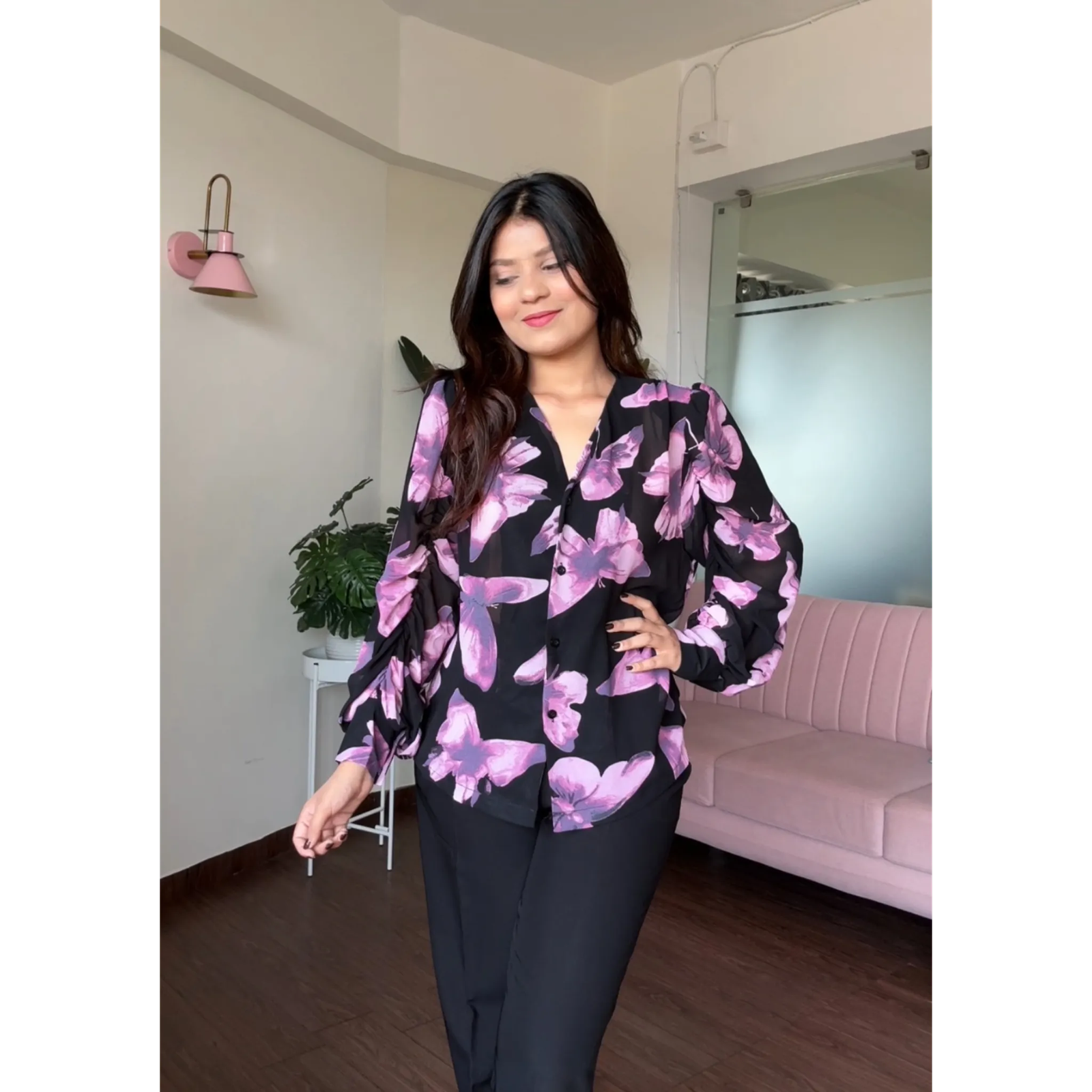 V Neck Floral Button Up Chiffon Shirt With Chocker