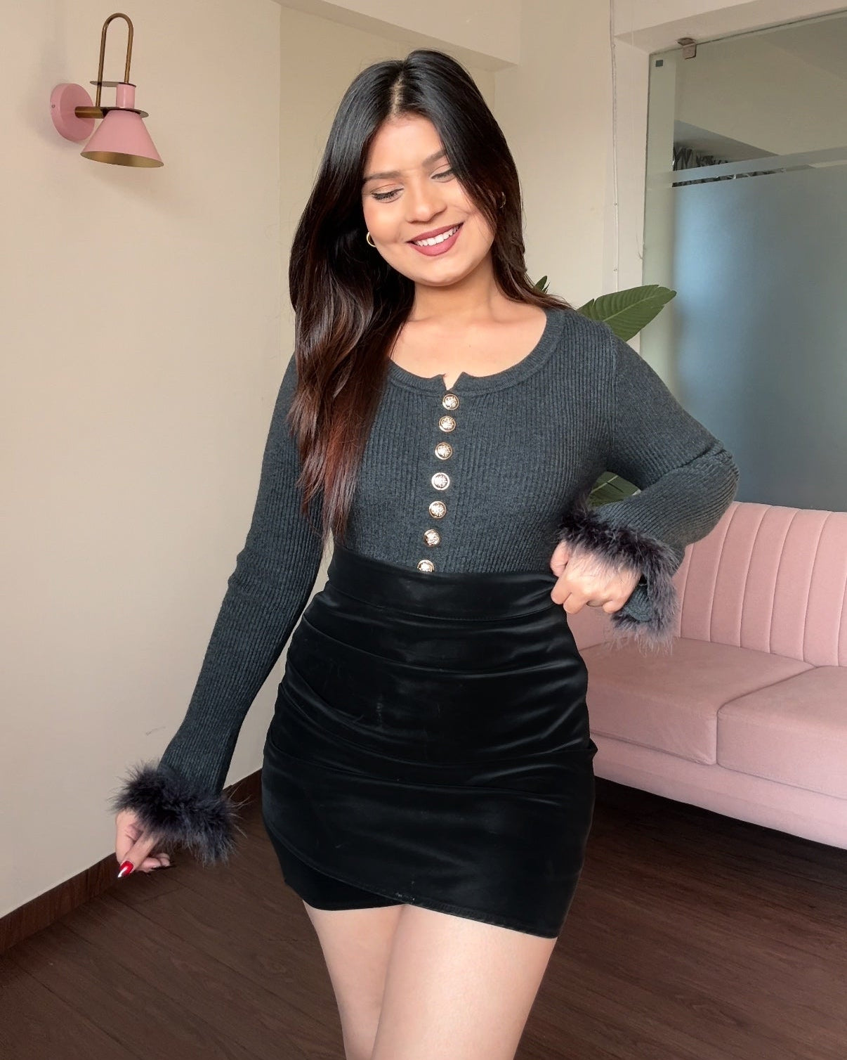 Golden Button Detailing Fur Full Sleeve Top