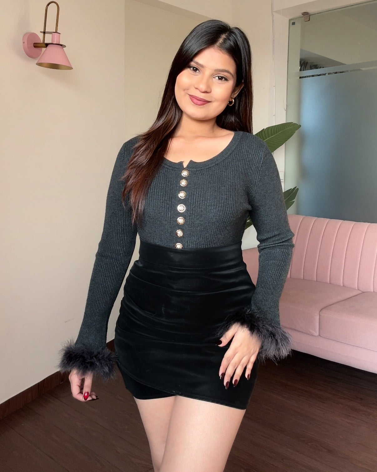 Golden Button Detailing Fur Full Sleeve Top