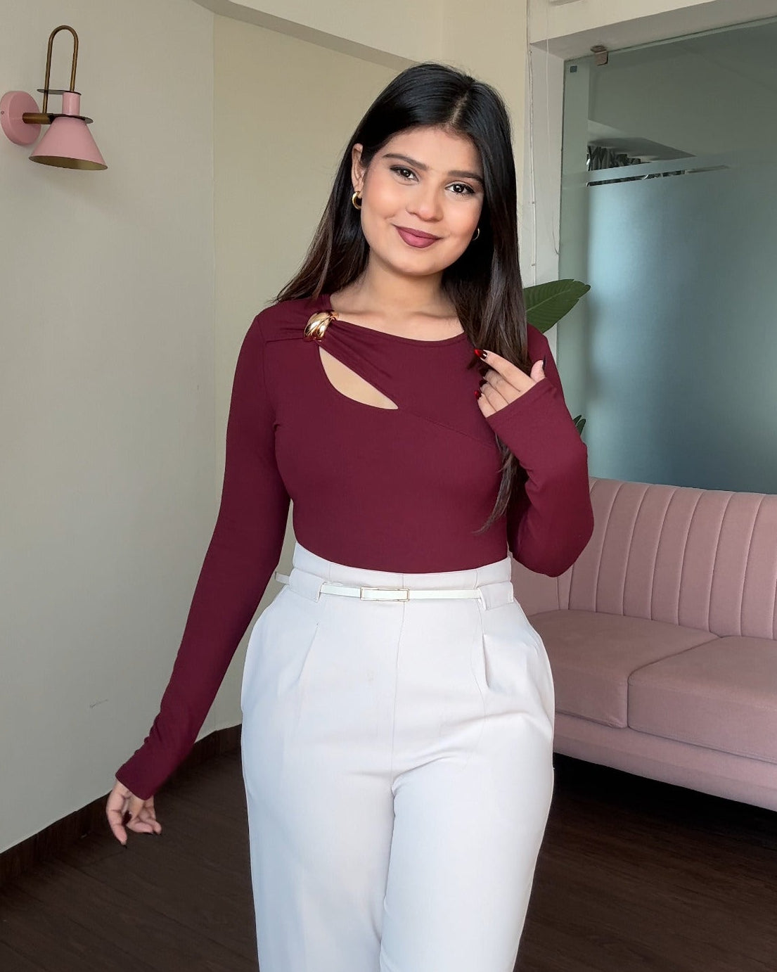 Neck Cut Out Golden Detailing Full Sleeve Top