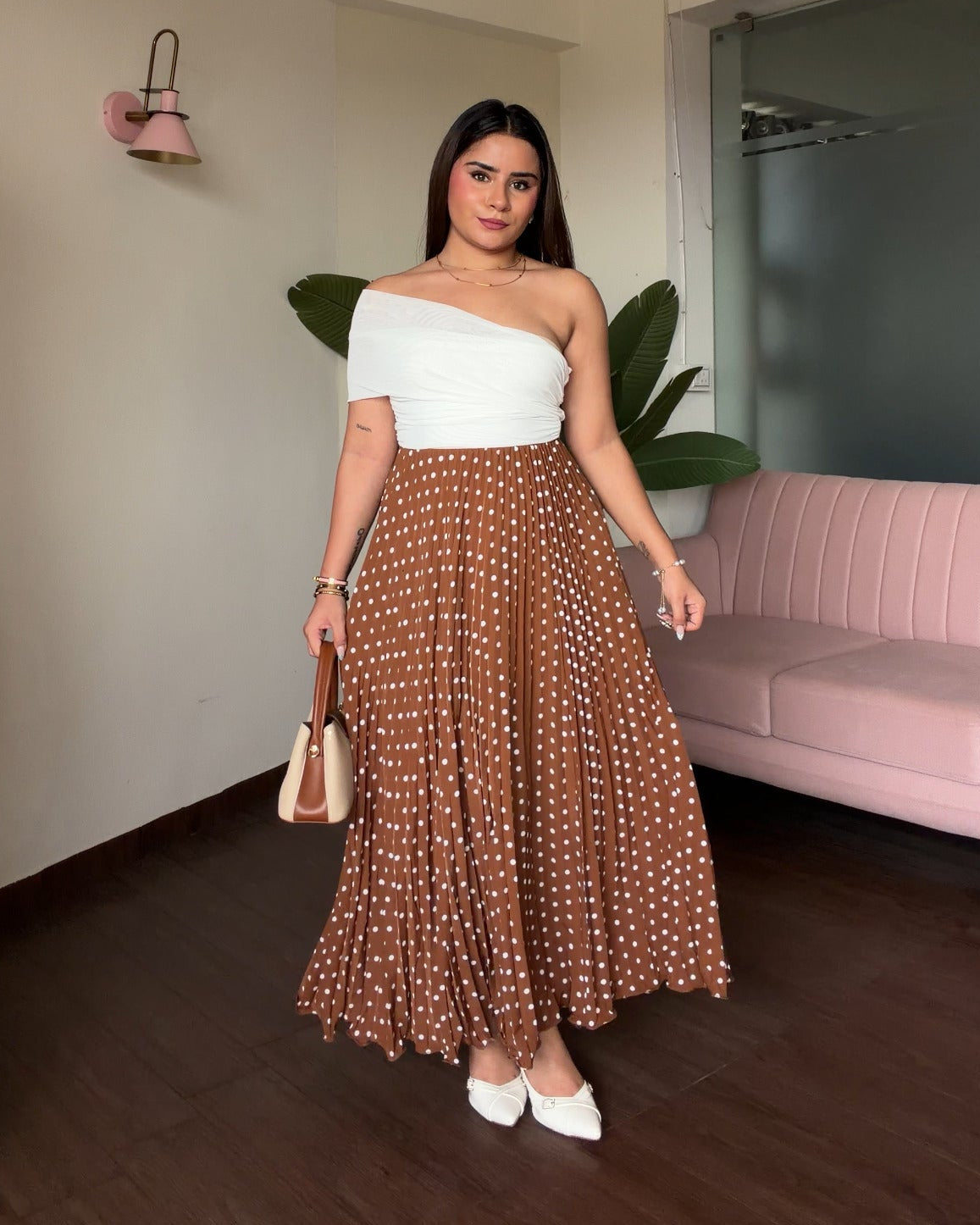 Polka Dot Pleated Midi Skirt