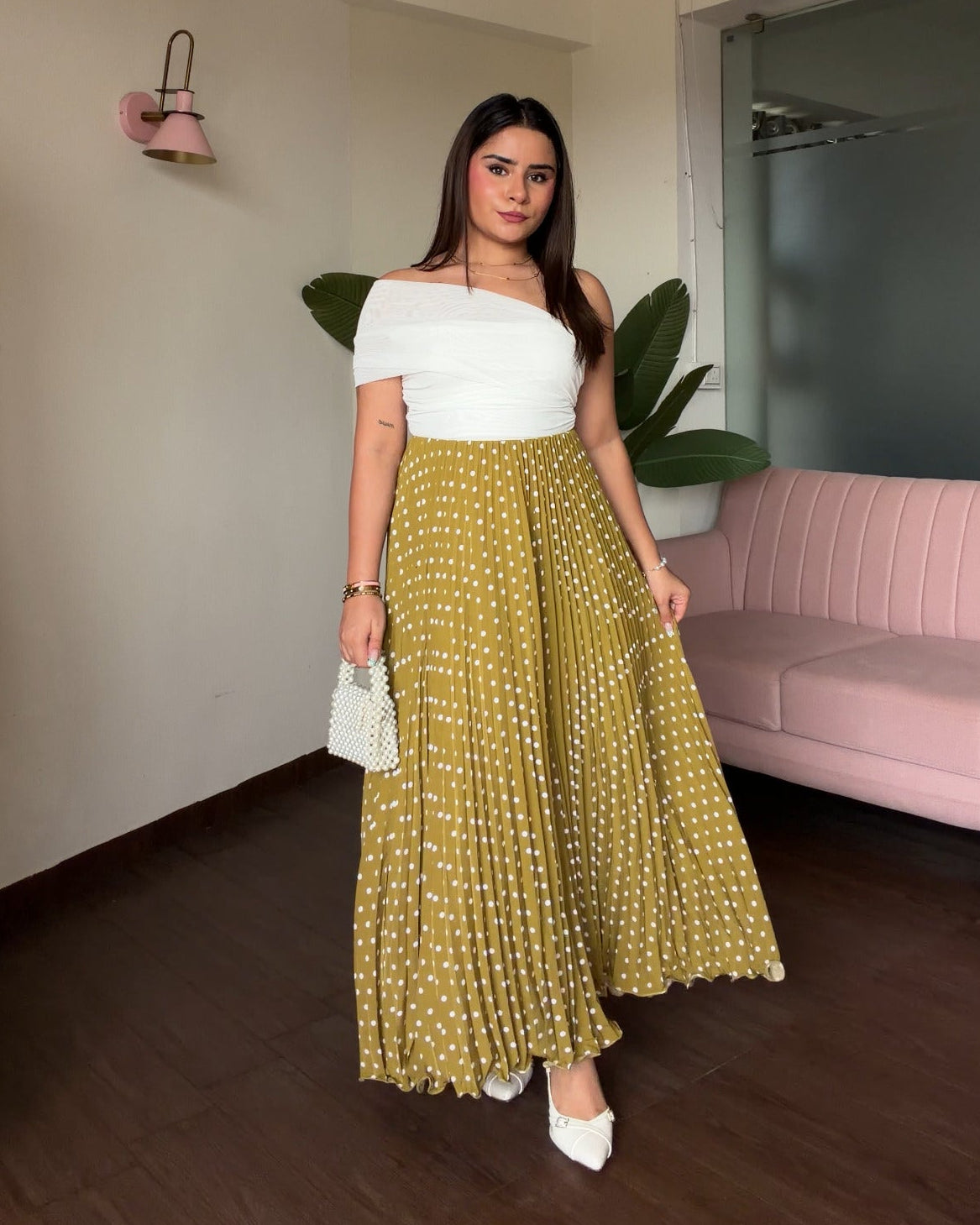 Polka Dot Pleated Midi Skirt
