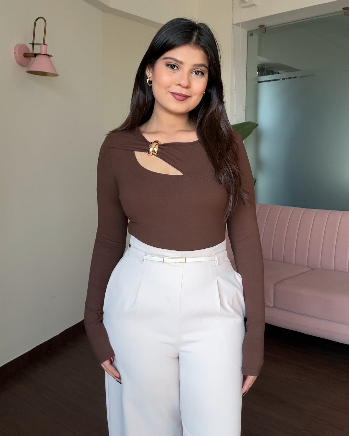 Neck Cut Out Golden Detailing Full Sleeve Top