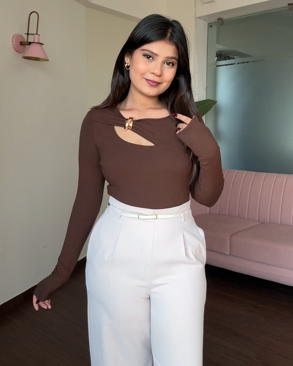 Neck Cut Out Golden Detailing Full Sleeve Top