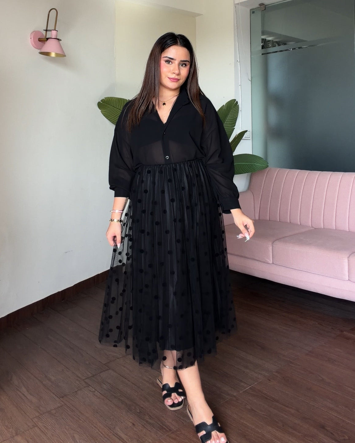 Polka Dot Net Midi Pleated Skirt