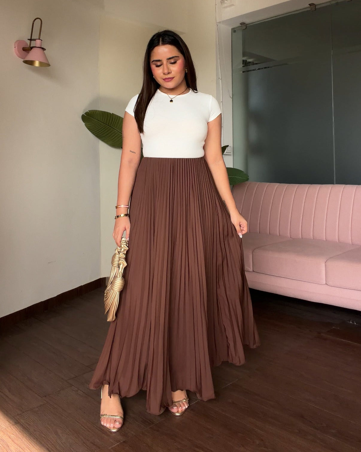 Solid Pleated Midi Skirt