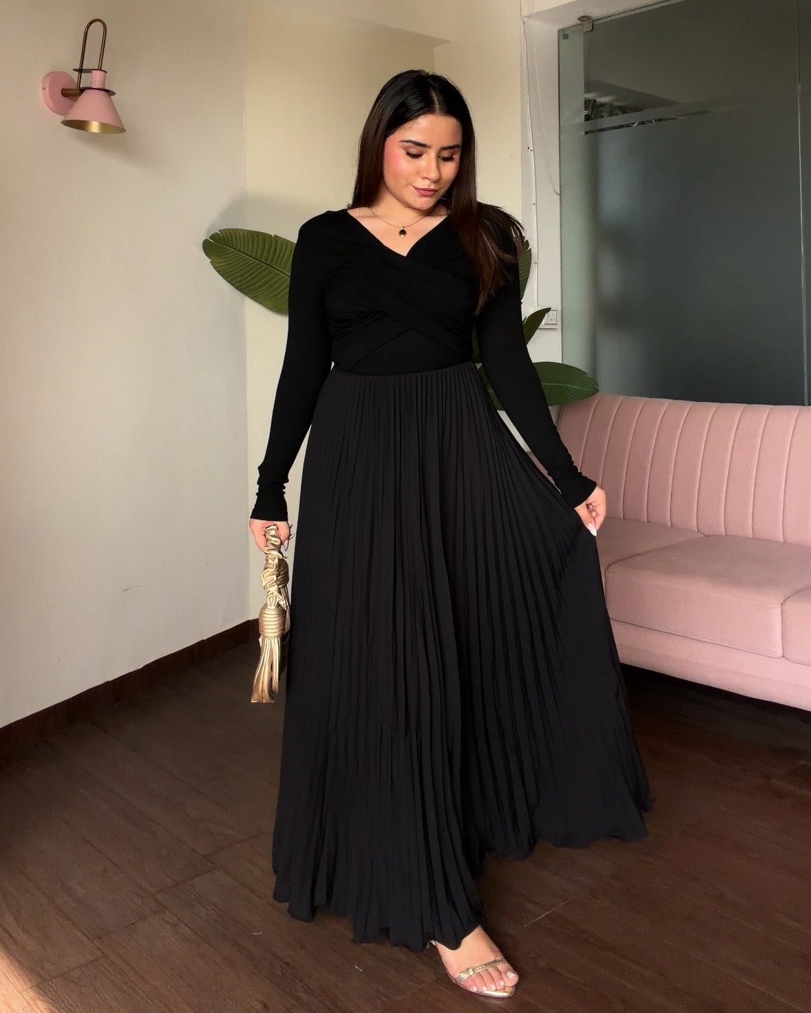 Solid Pleated Midi Skirt