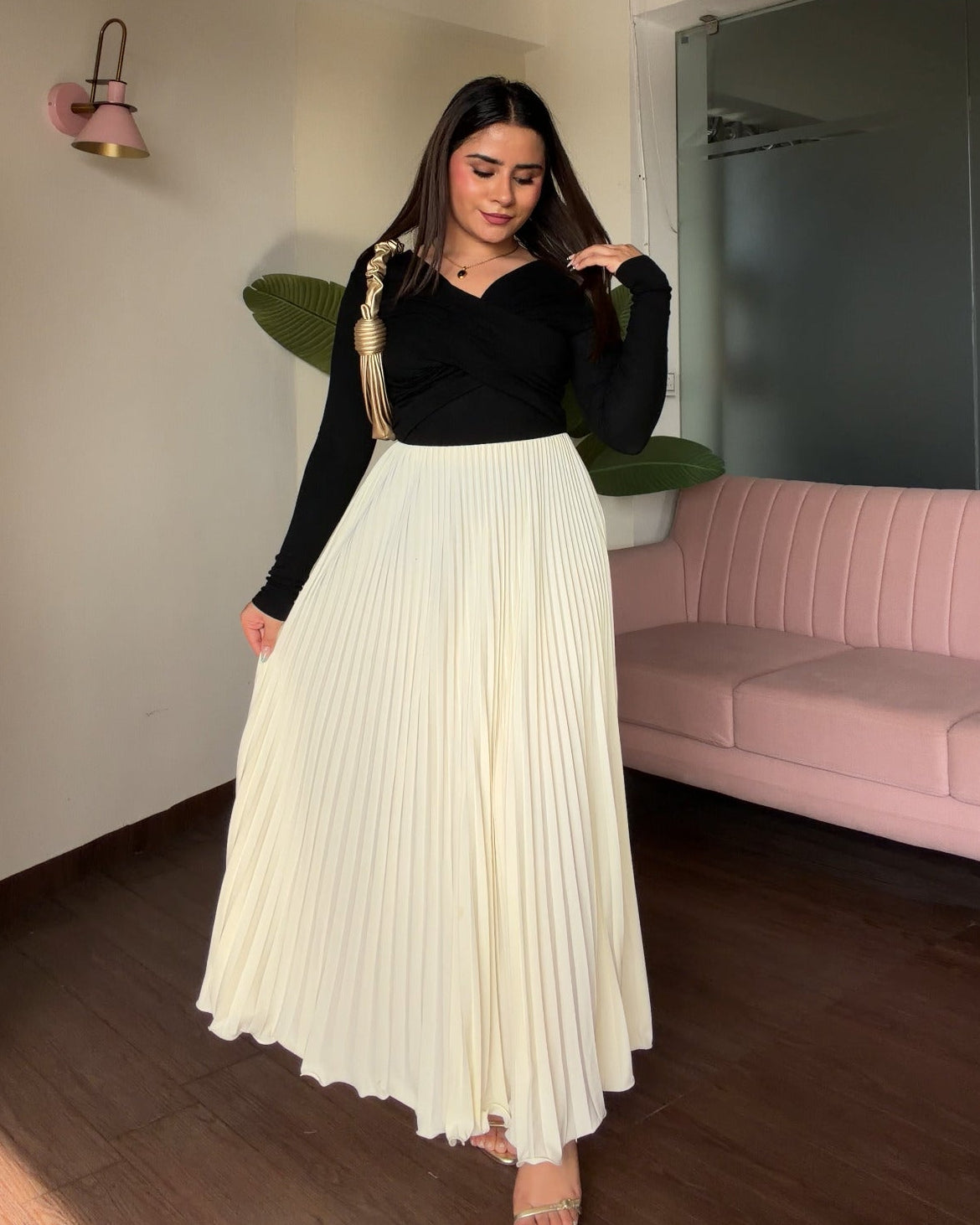 Solid Pleated Midi Skirt