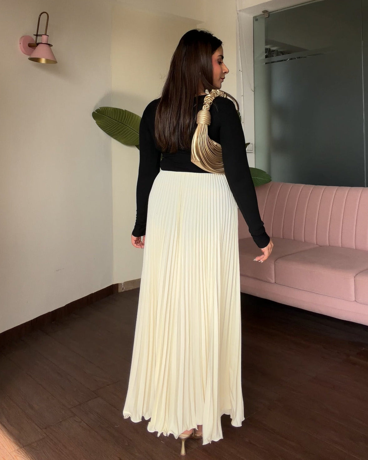 Solid Pleated Midi Skirt