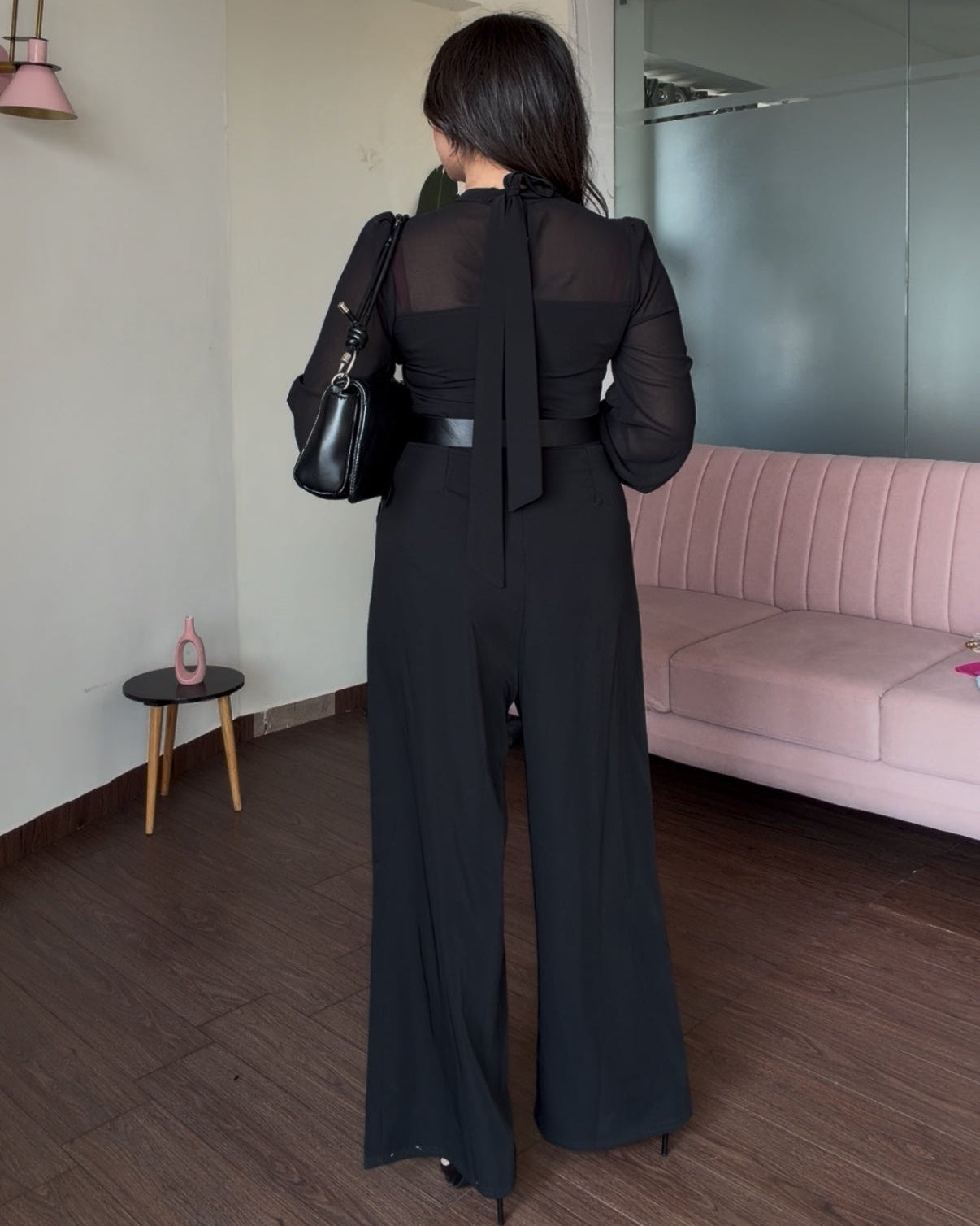 Black Chiffon Detailing Puff Sleeve Fitted Jumpsuit