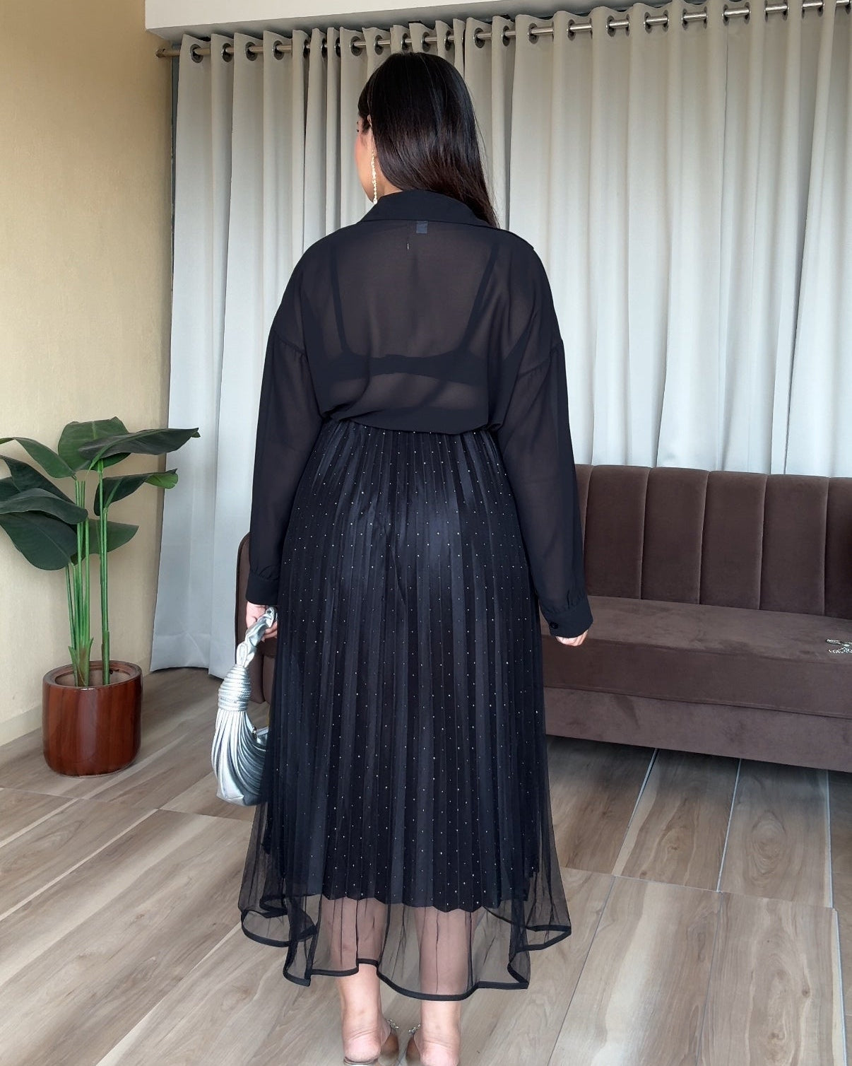 Rhinestone Detailing Double Layer Net Midi Skirt