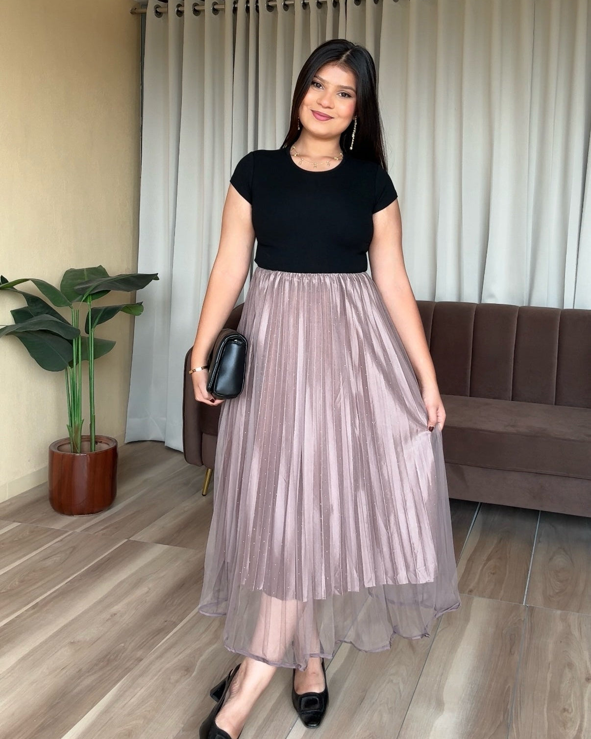 Rhinestone Detailing Double Layer Net Midi Skirt