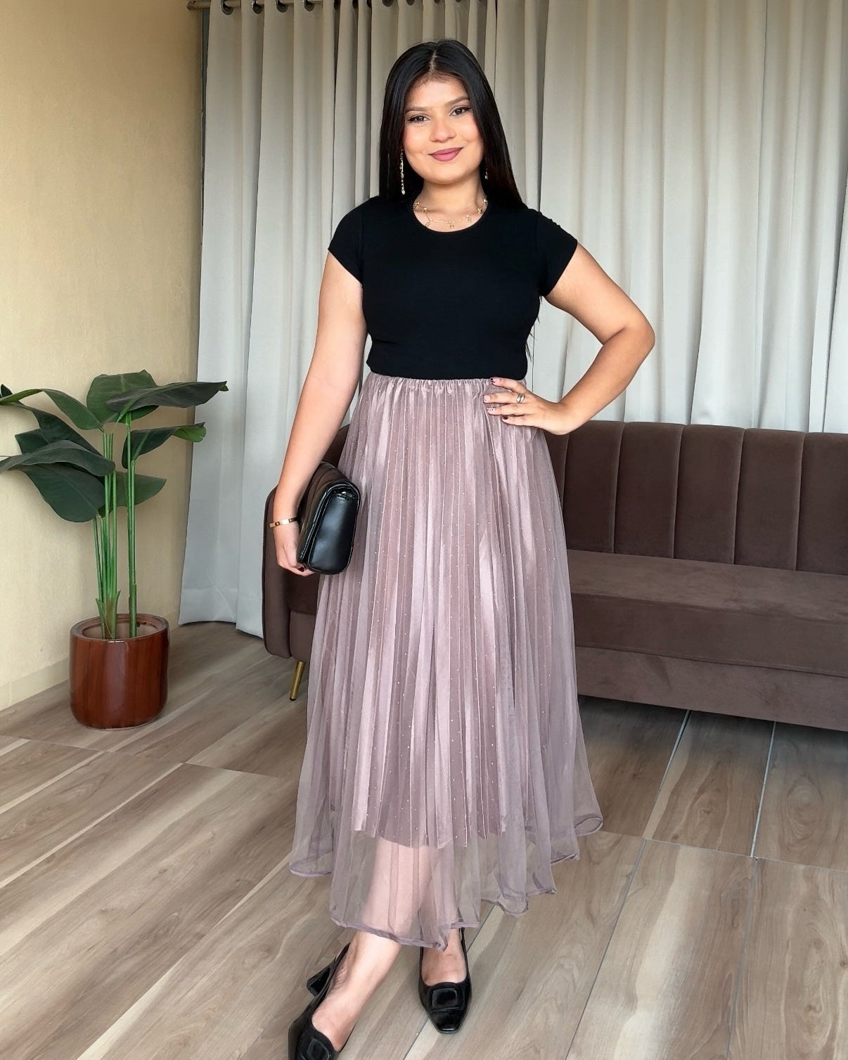Rhinestone Detailing Double Layer Net Midi Skirt