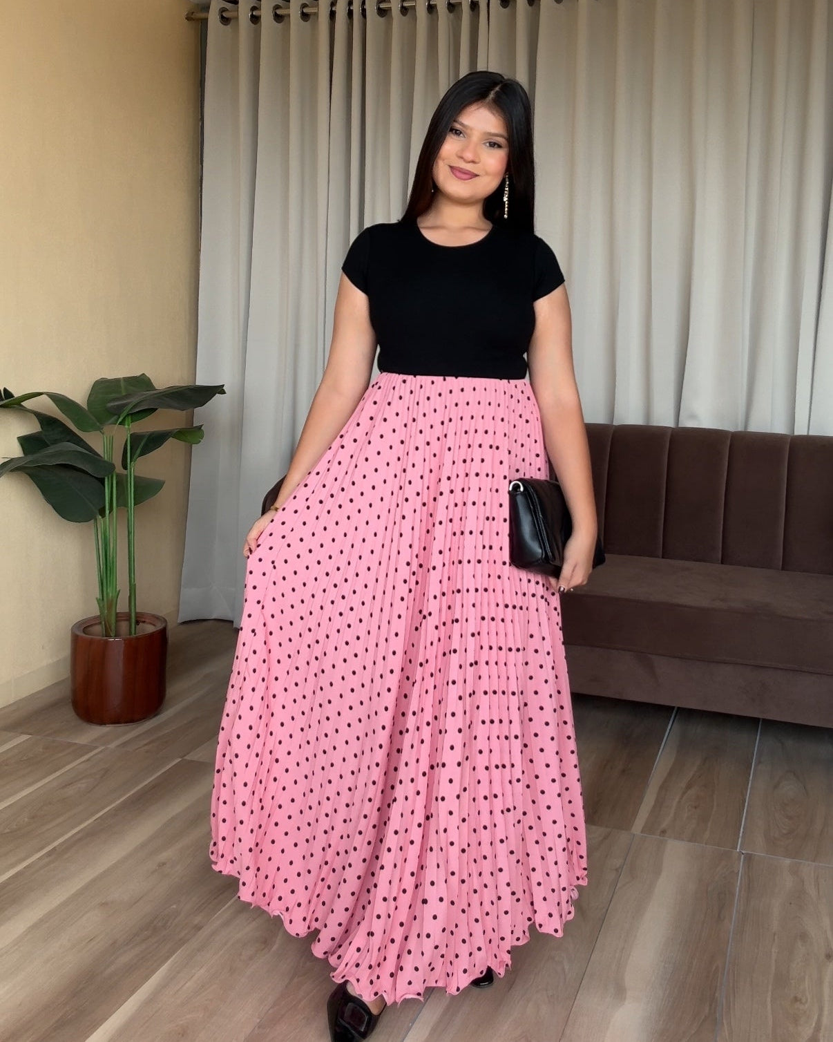 Polka Dot Pleated Midi Skirt