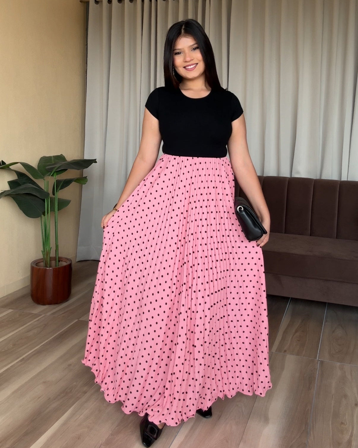 Polka Dot Pleated Midi Skirt