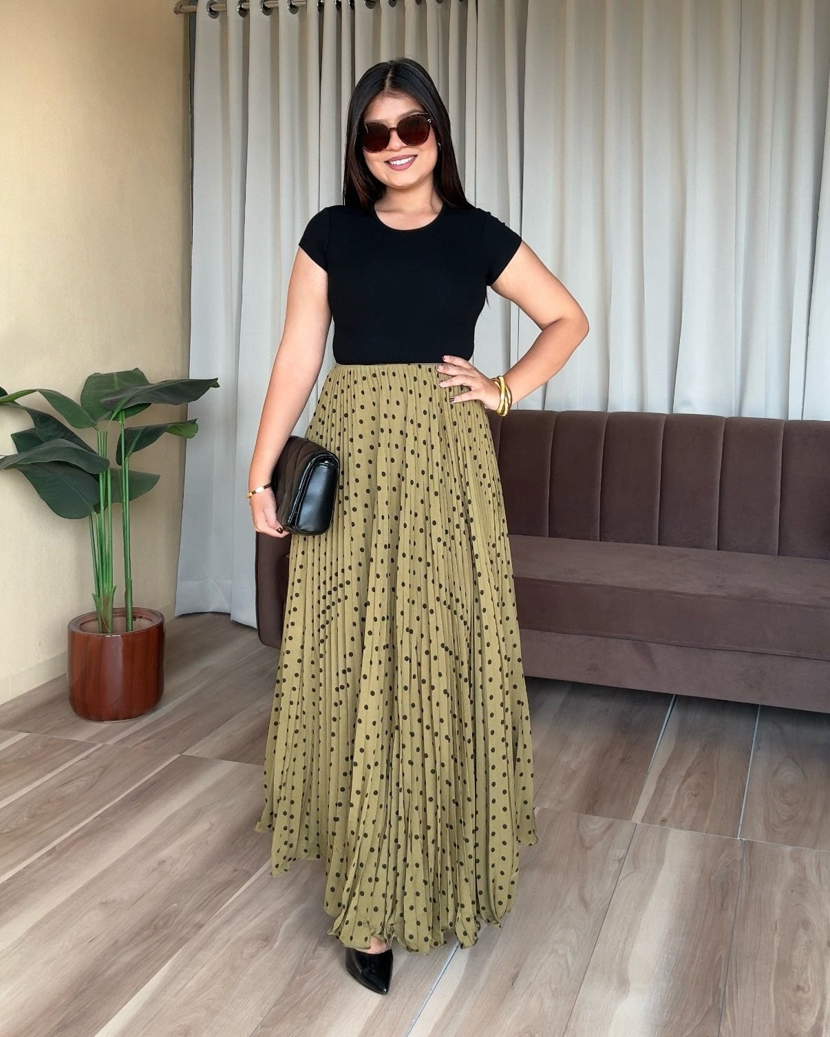 Polka Dot Pleated Midi Skirt