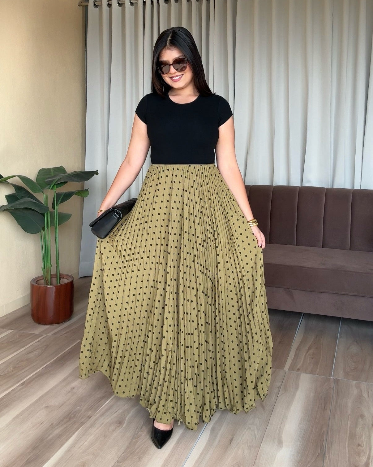 Polka Dot Pleated Midi Skirt