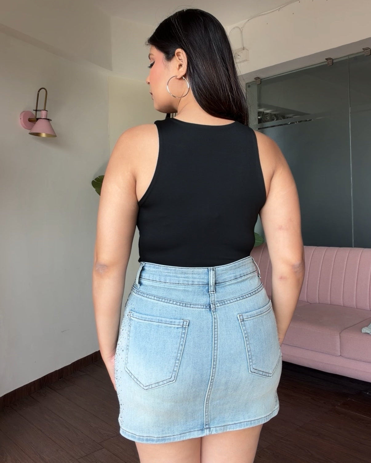 Minimal Sequin Detailing Denim Skirt